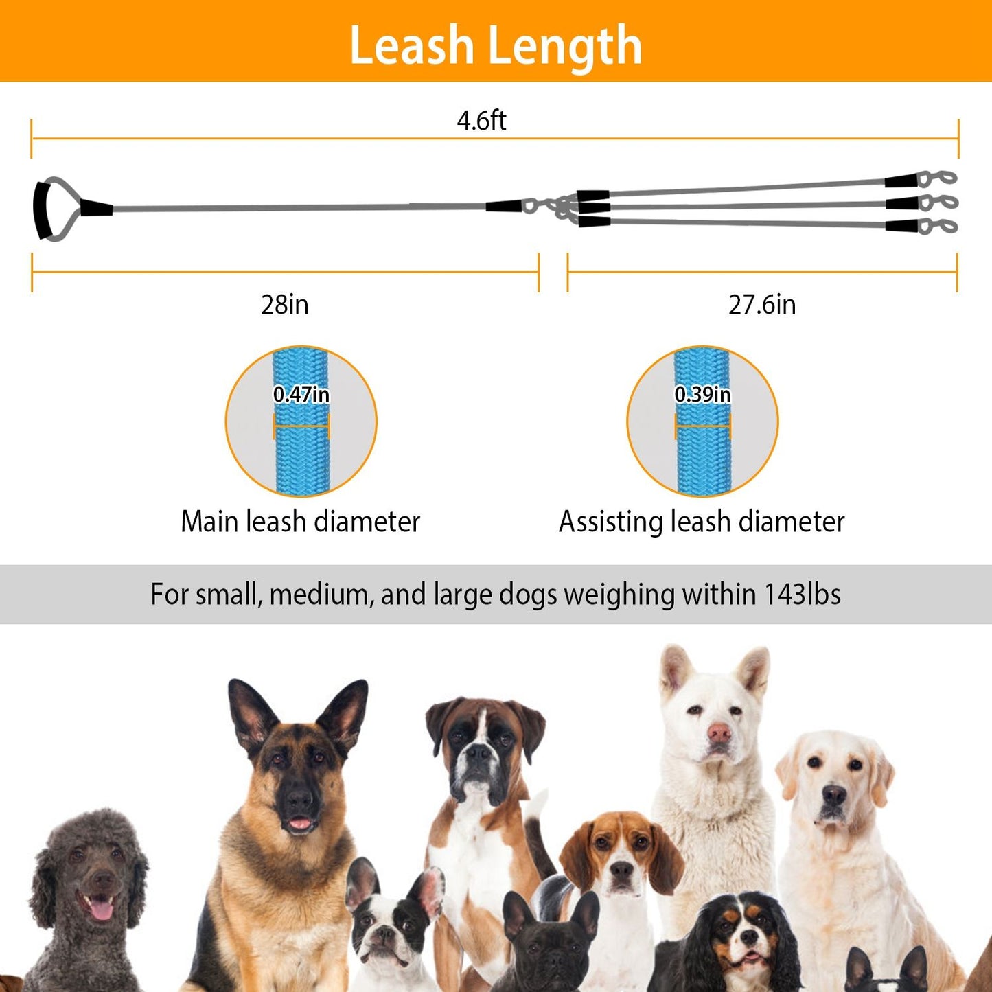 Adjustable 4.6ft dog leash designed for small, medium, and large dogs up to 143lbs, featuring main and assisting leash diameters for added strength and security.