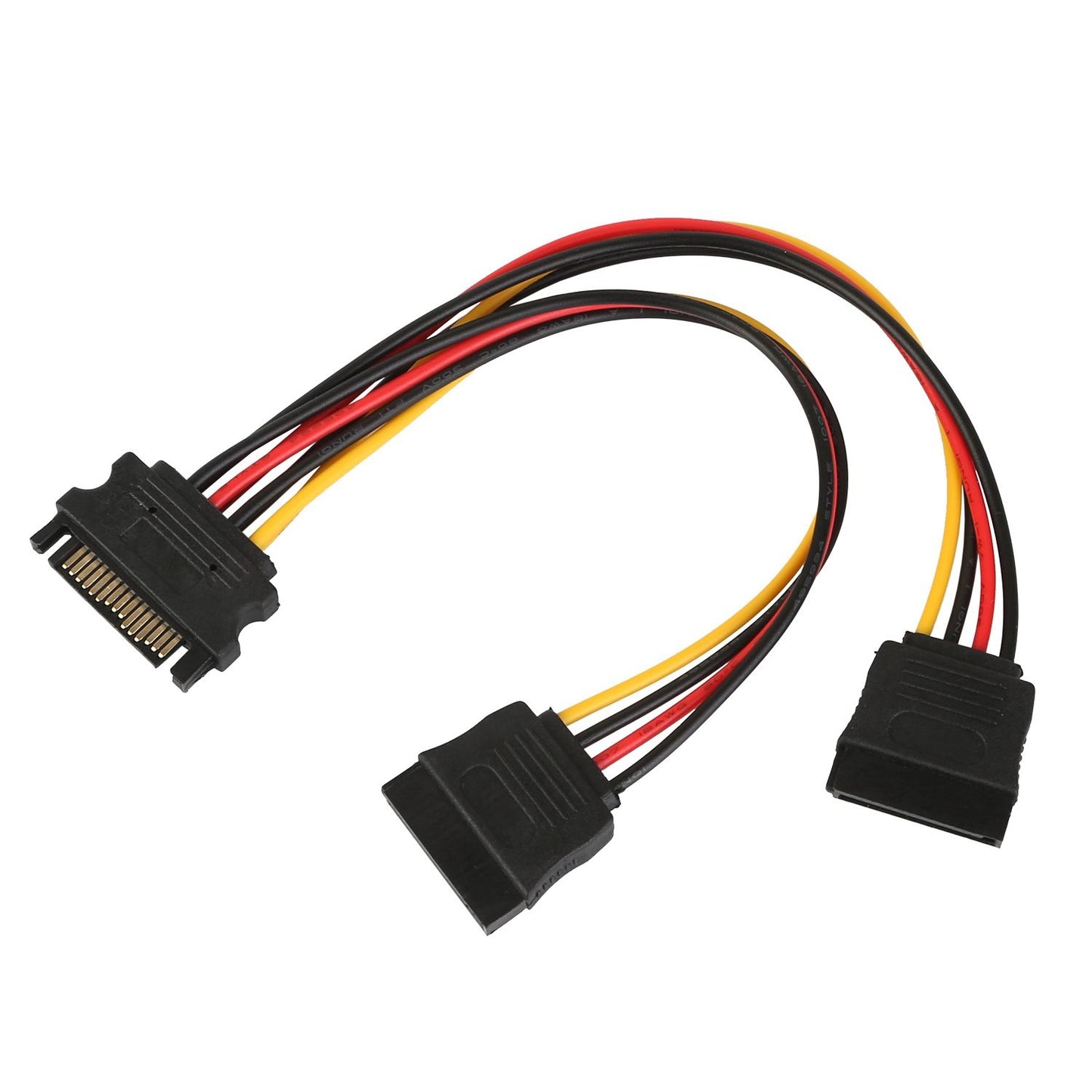 SATA power splitter cable with two black connectors and color-coded wires (red, yellow, and black) for connecting multiple drives to a single power source.