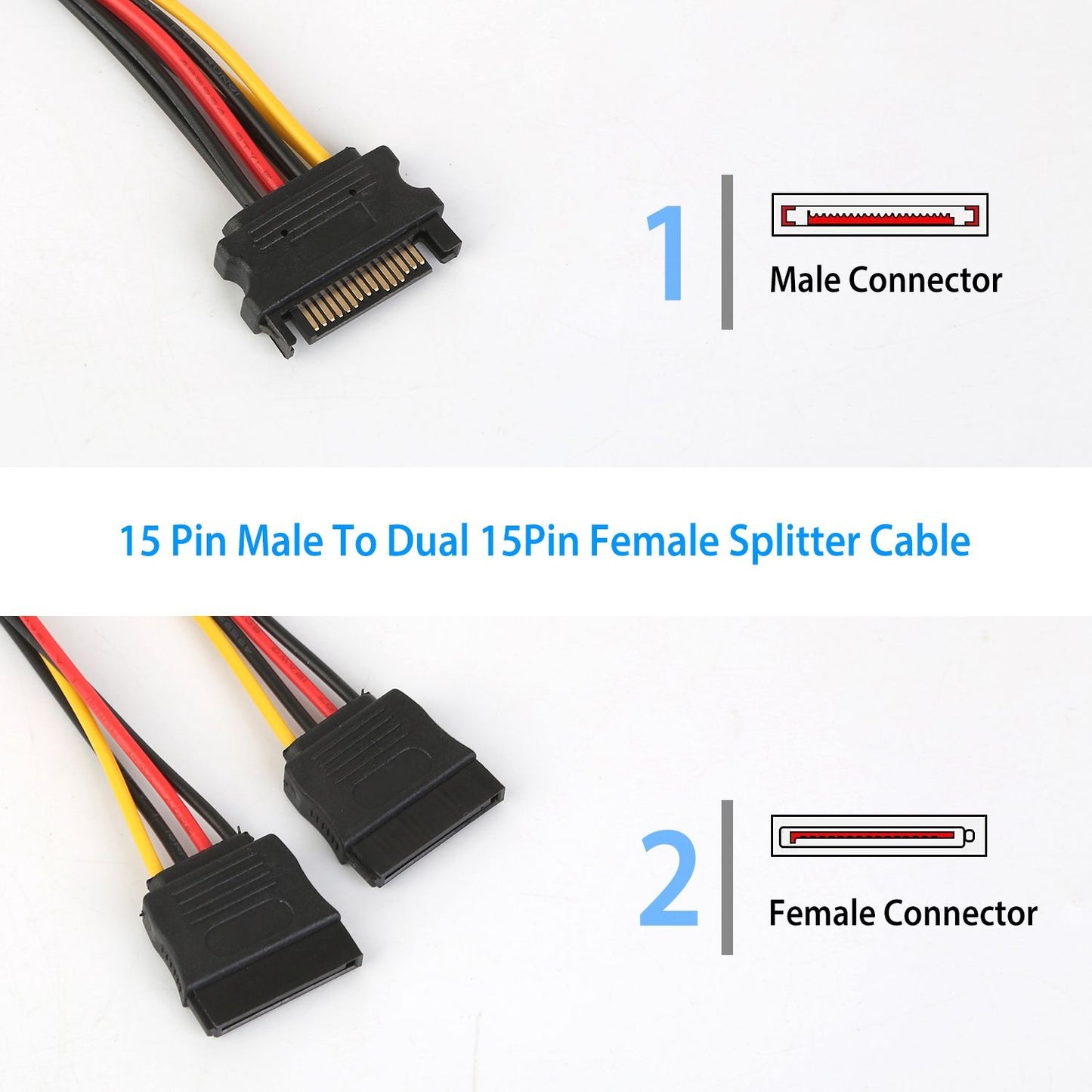 15 Pin Male to Dual 15 Pin Female Splitting Cable with one male and two female connectors for power distribution in computer hardware