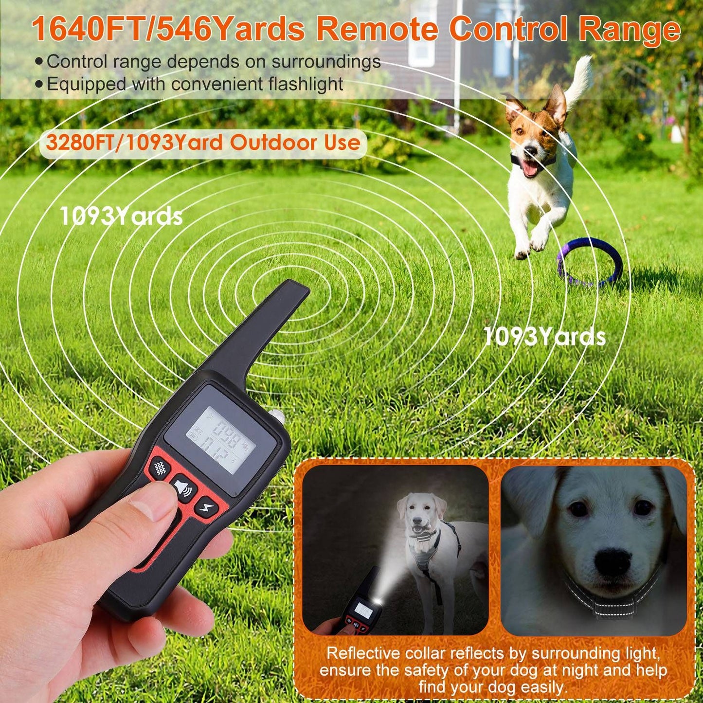 Remote control dog training device with a flashlight, featuring a control range of up to 3280FT, designed to enhance outdoor safety and locate pets easily, illustrated with an energetic dog in a grassy area.