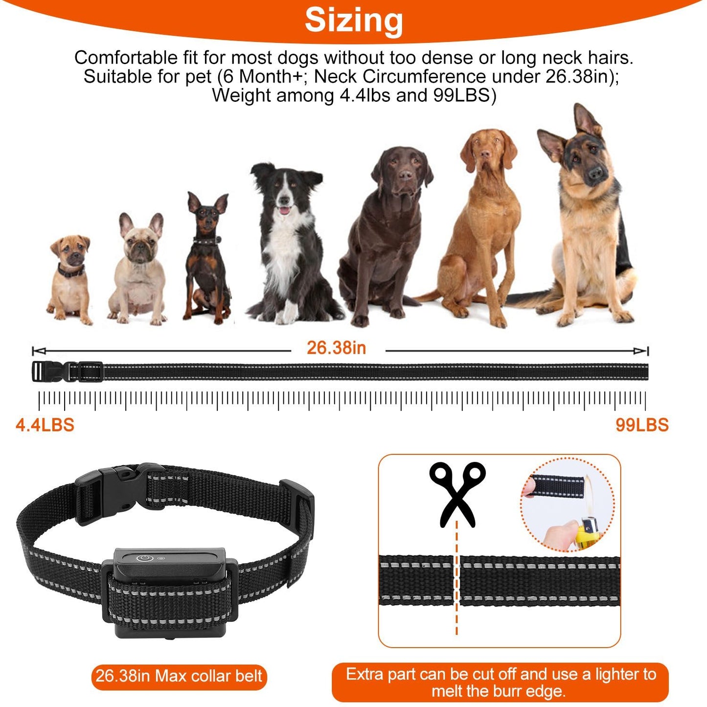Dog collar sizing chart displaying suitable neck circumference (up to 26.38 inches) and weight (4.4 to 99 lbs) with a black adjustable collar featured below for comfortable fit.