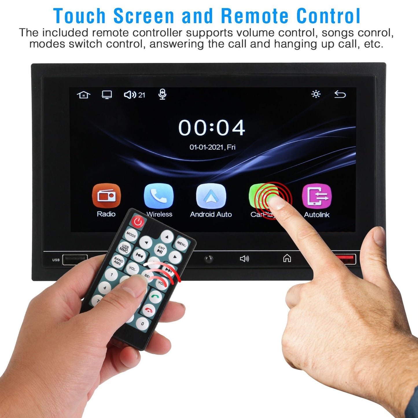 Touch screen car stereo with remote control, showcasing a user interacting with the touchscreen interface and controlling features such as CarPlay and Android Auto from the included remote.