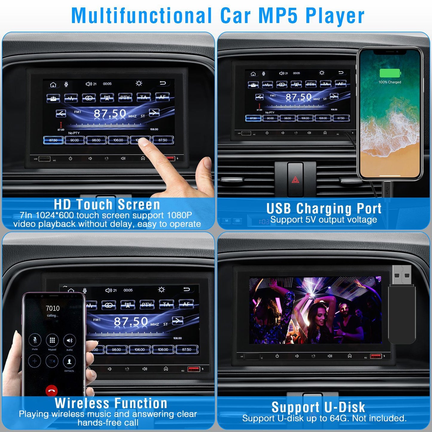 Multifunctional car MP5 player with HD touch screen, USB charging port, wireless function for hands-free calls, and U-Disk support for video playback.