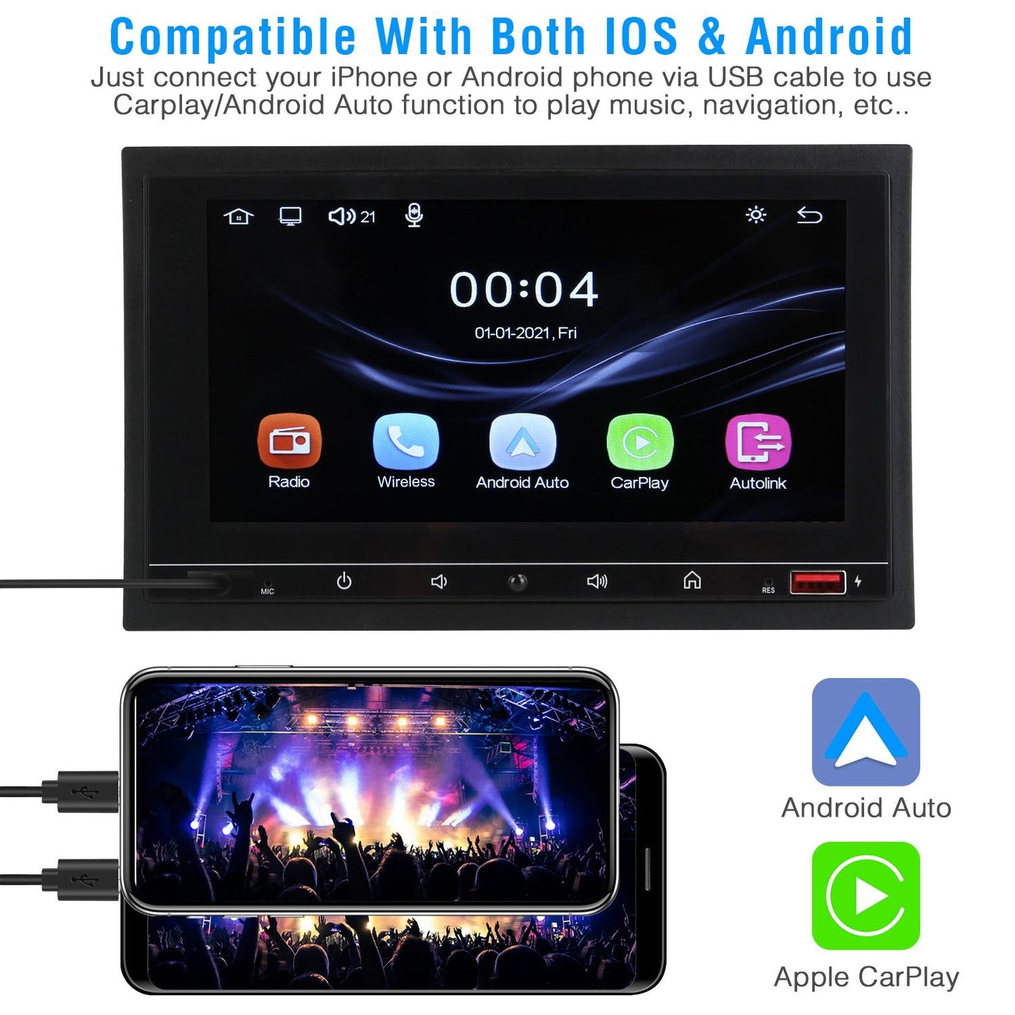 Car multimedia player displaying Android Auto and Apple CarPlay features, with a smartphone connected for music and navigation.