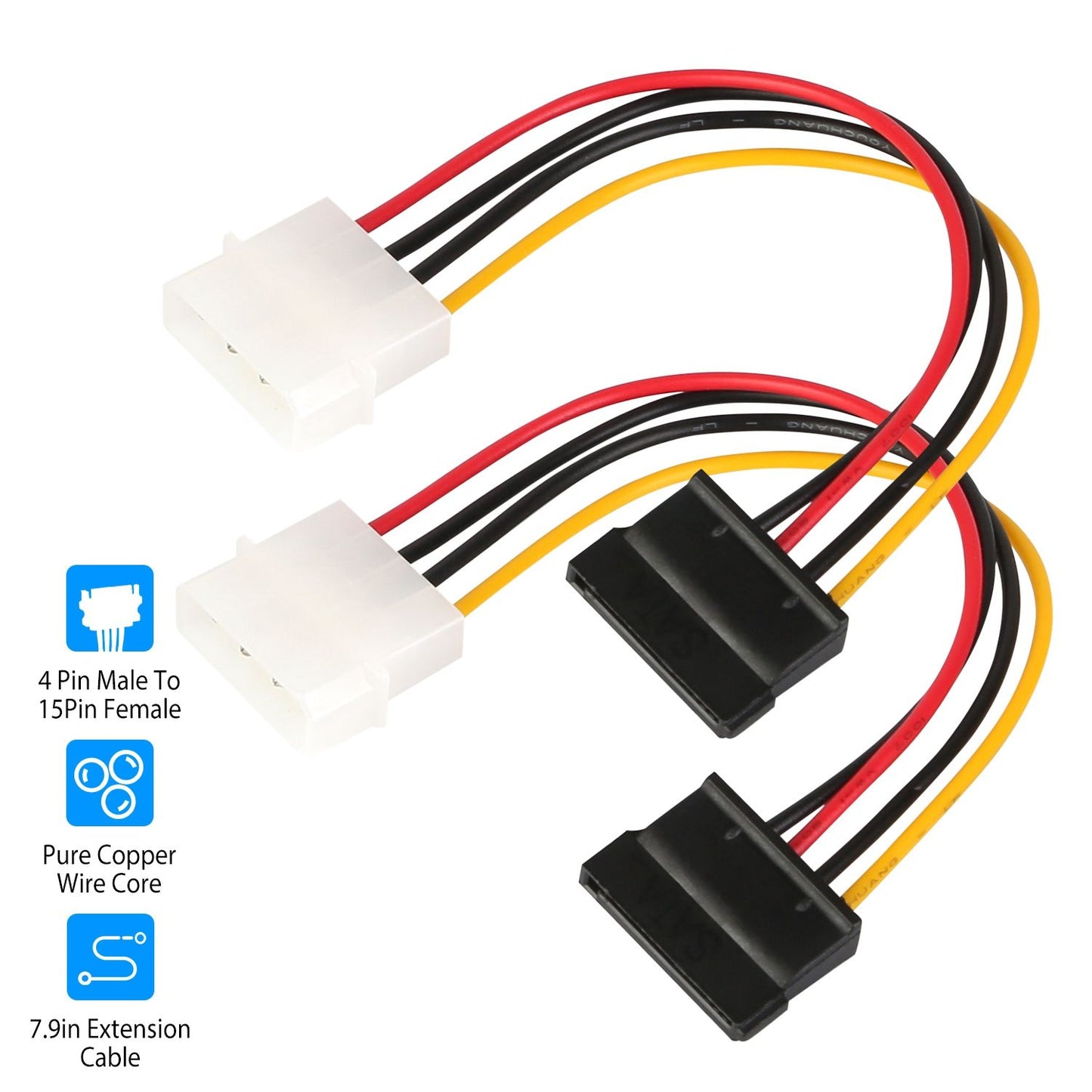 4-pin male to 15-pin female power extension cable with pure copper wire core, measuring 7.9 inches long, featuring red, black, and yellow wires for enhanced connectivity.