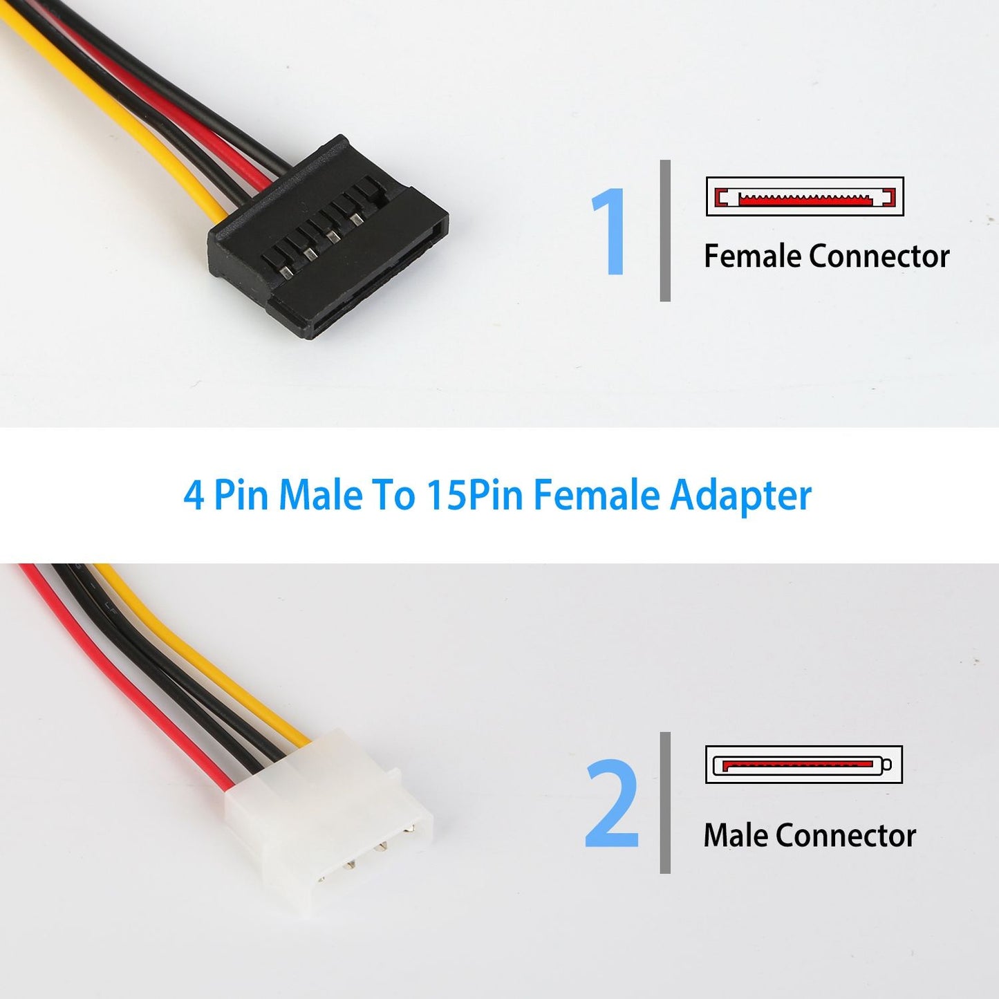 4 Pin Male to 15 Pin Female Adapter with clear images of male and female connectors, showcasing wiring colors: black, yellow, and red.