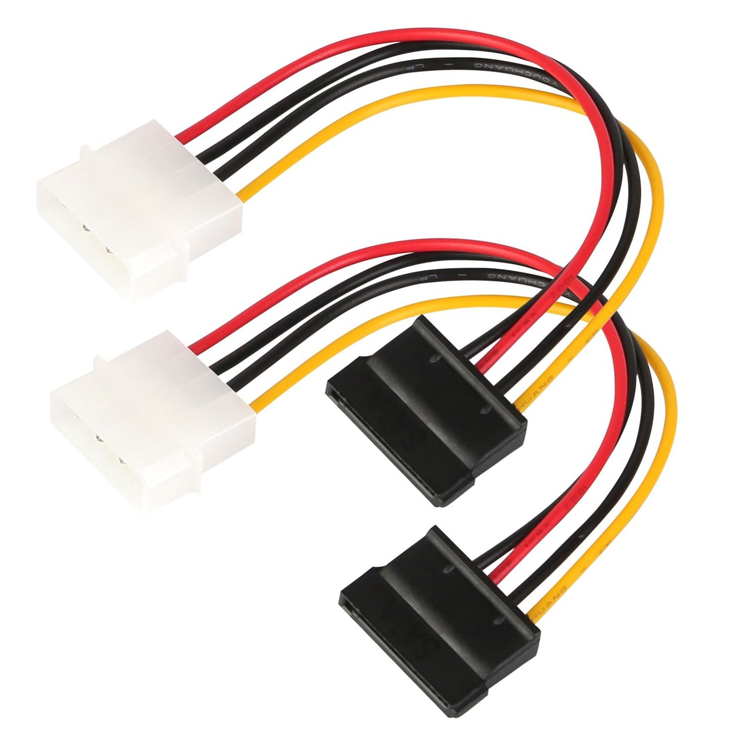 SATA power splitter cable connecting two SATA power connectors to one Molex connector, featuring red, yellow, and black wires for efficient power distribution.