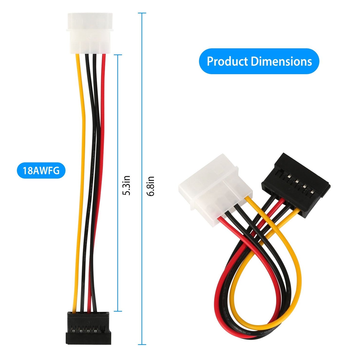 18AWG power cable adapter with two connectors, measuring 5.3 inches and 6.8 inches, suitable for computer hardware connections.