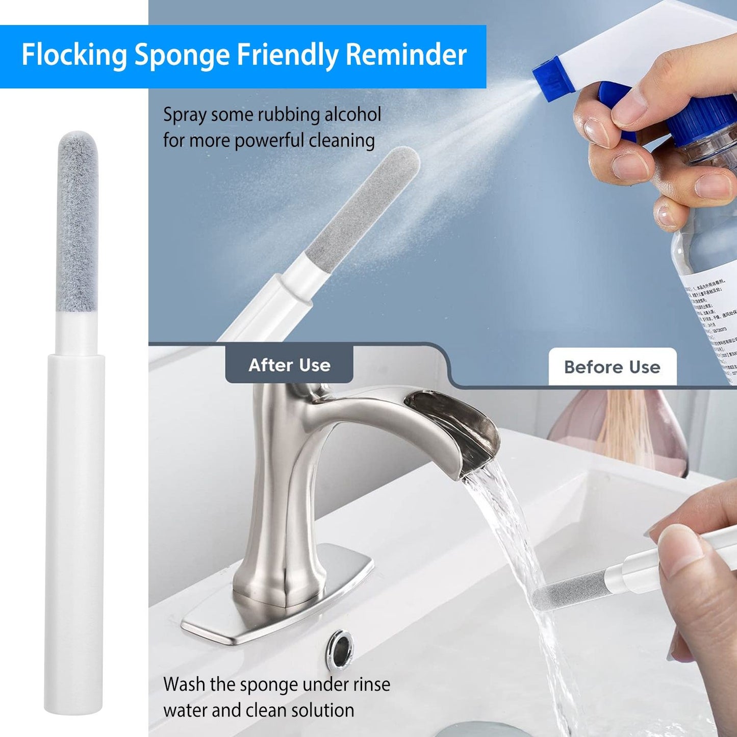 Flocking sponge cleaner with a spray bottle, demonstrating usage before and after washing, with instructions for enhanced cleaning effectiveness.