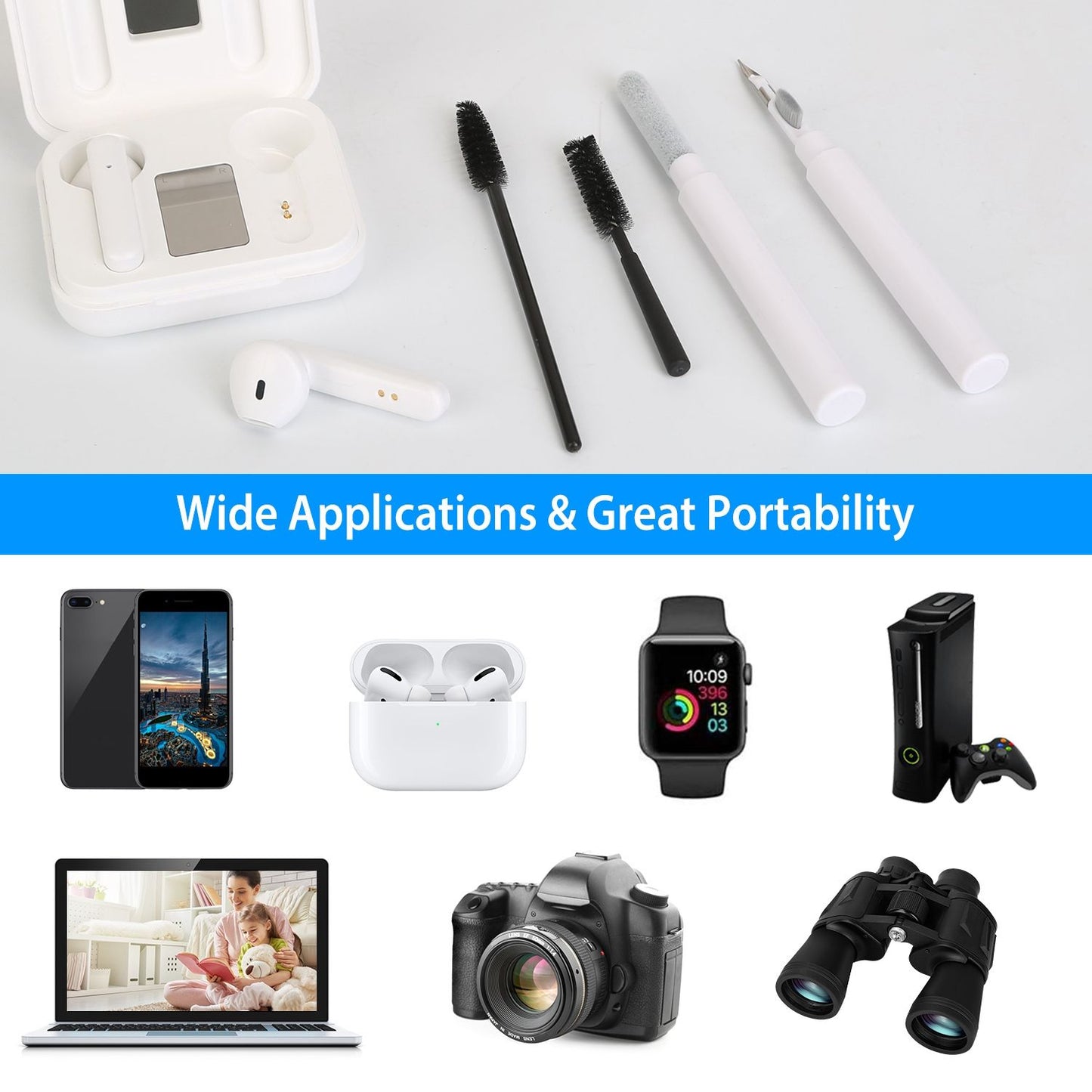 Product image featuring wireless earbuds in a case, cleaning brushes, and various electronic devices including a smartphone, smartwatch, gaming console, laptop, camera, and binoculars, highlighting versatility and portability.