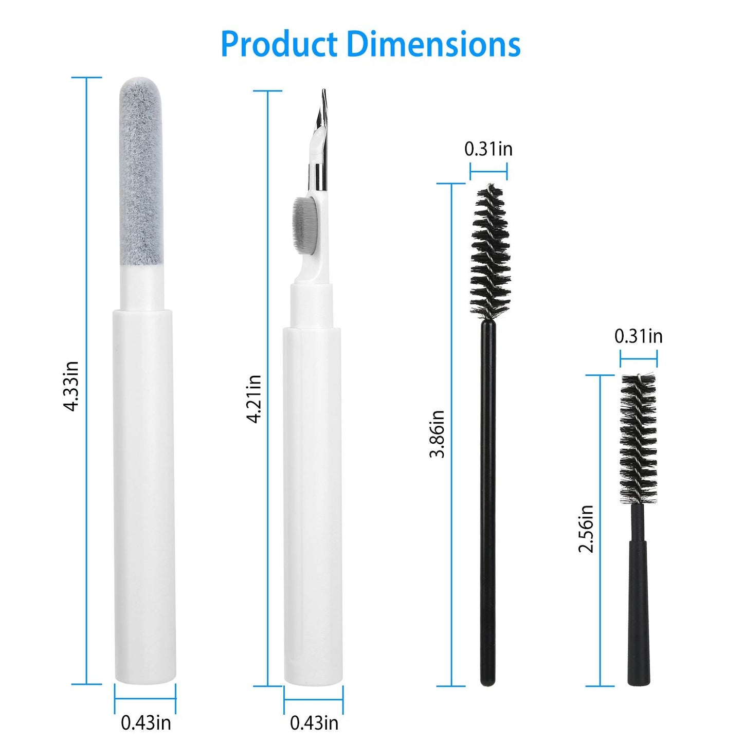 Product dimensions image featuring three beauty tools: a dual-sided eyebrow brush with a spoolie and a brush, a precision applicator, and a cleaning brush, all with measurements displayed in inches.