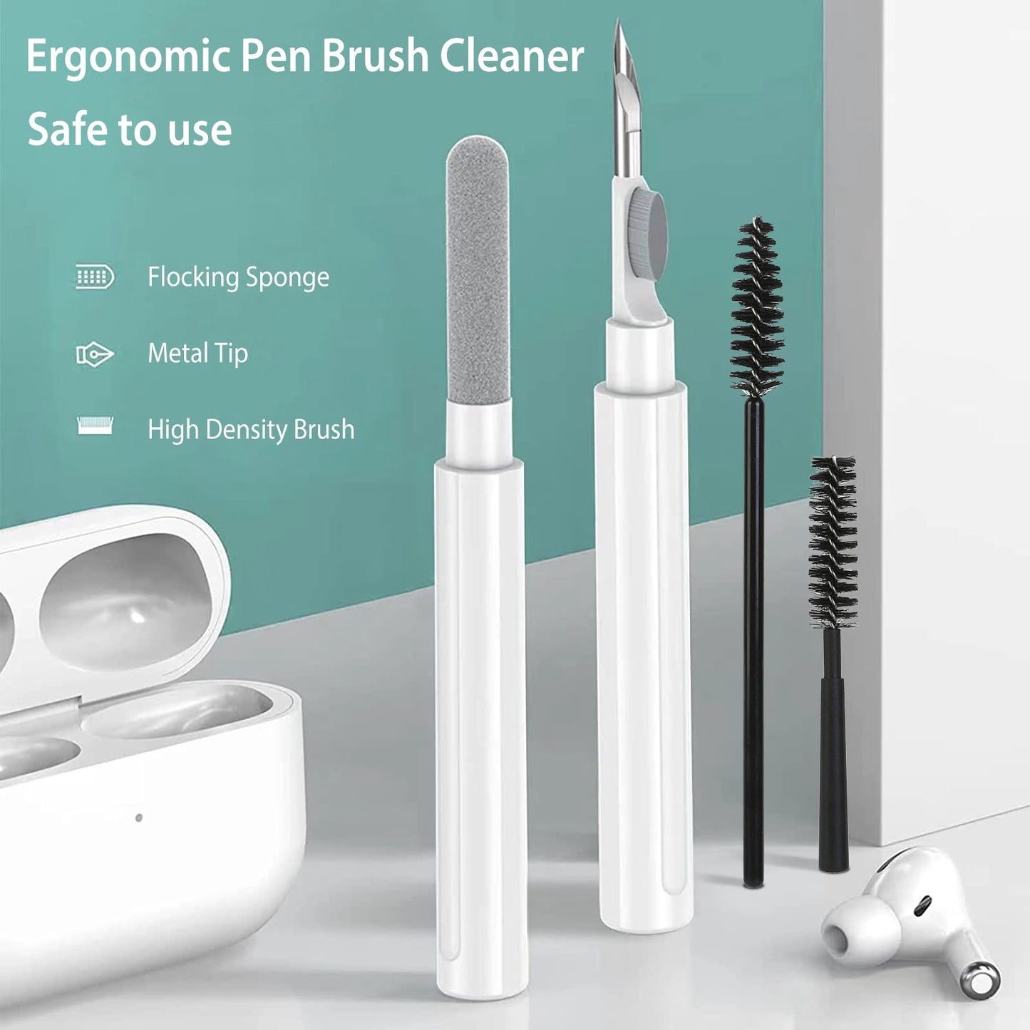Ergonomic pen brush cleaner set featuring a flocking sponge, metal tip, and high-density brush, designed for safe and efficient cleaning of earbud cases and other small items.
