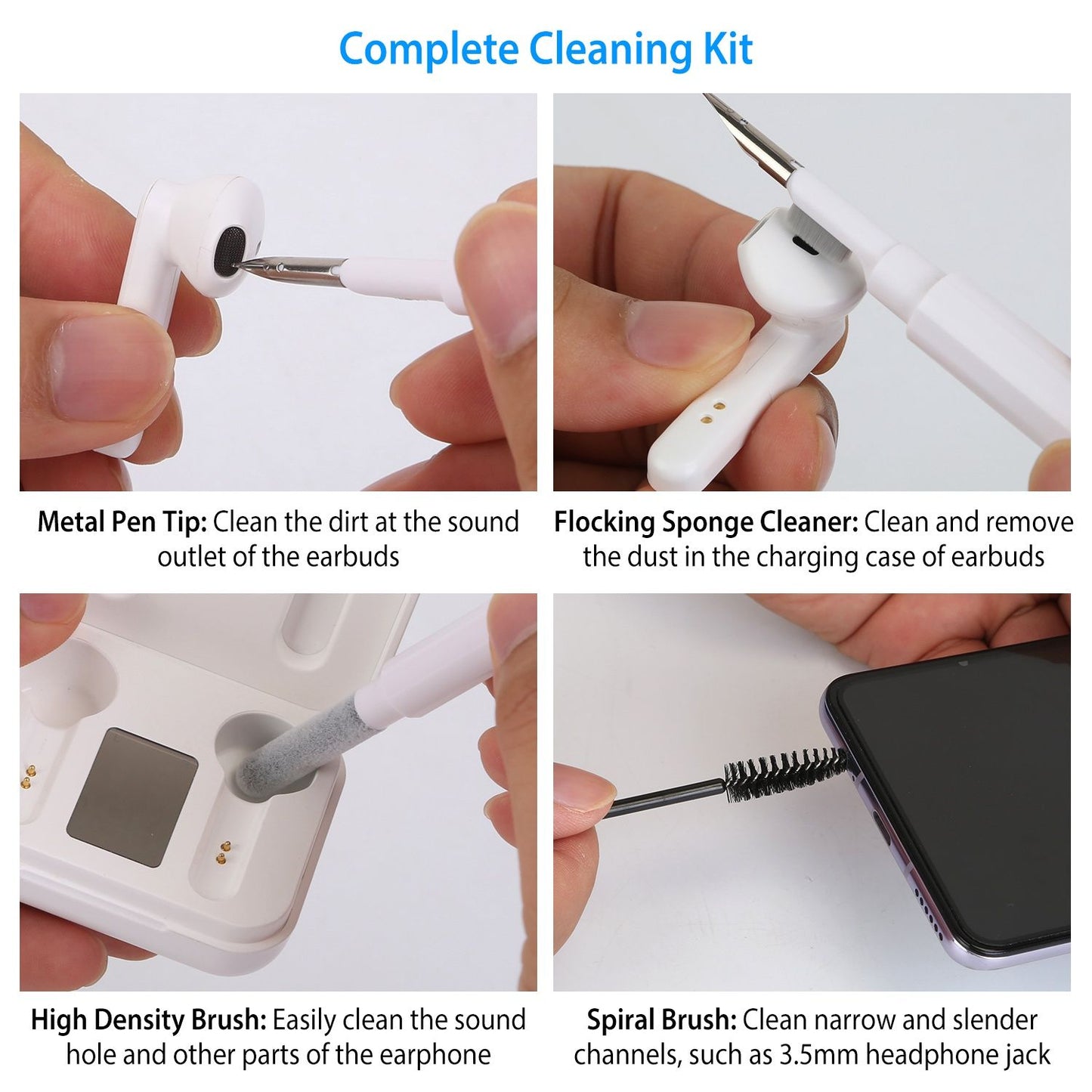 Complete cleaning kit for earbuds with metal pen tip, flocking sponge cleaner, high density brush, and spiral brush for thorough maintenance and hygiene.
