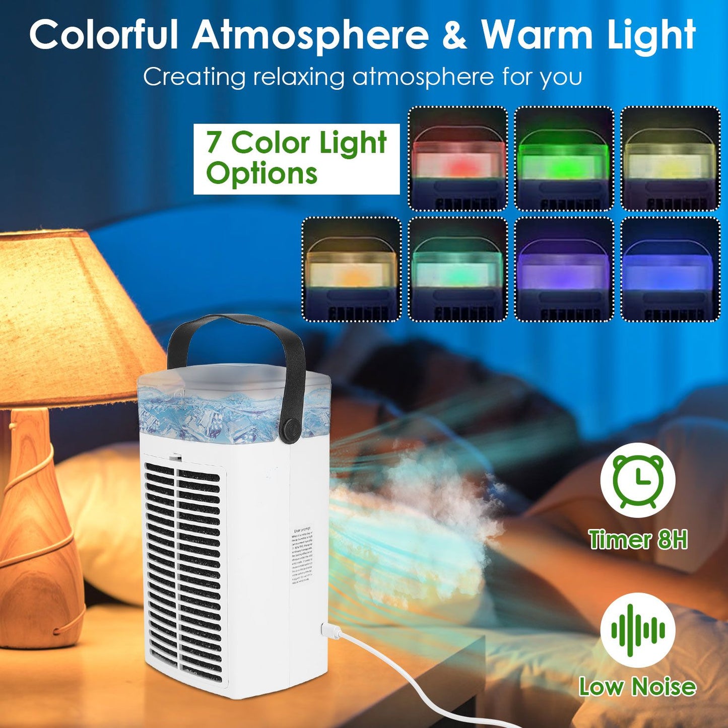 Portable air cooler with 7 color light options and a timer, creating a relaxing atmosphere for home use.
