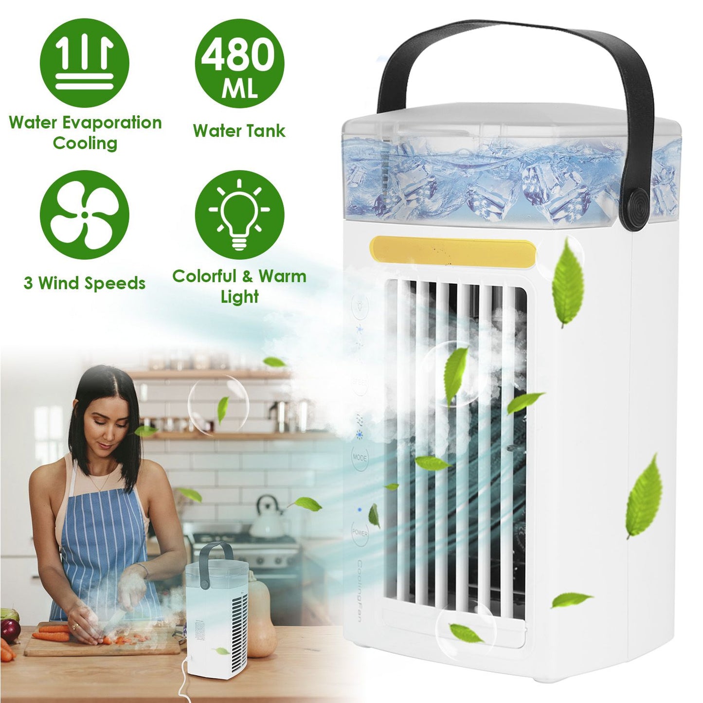 Portable air cooler with water evaporation cooling, 480 ml water tank, 3 wind speeds, and colorful warm light, set in a modern kitchen environment.