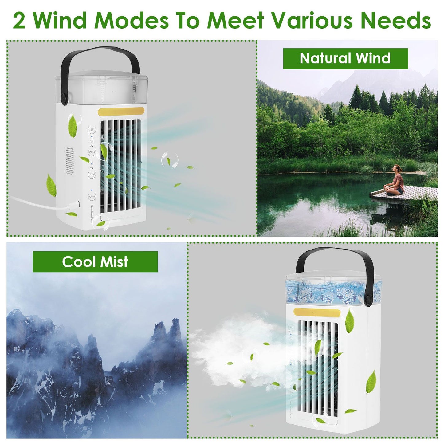 Portable cooling fan with two wind modes, showcasing natural wind and cool mist features against scenic backgrounds of nature and mountains.