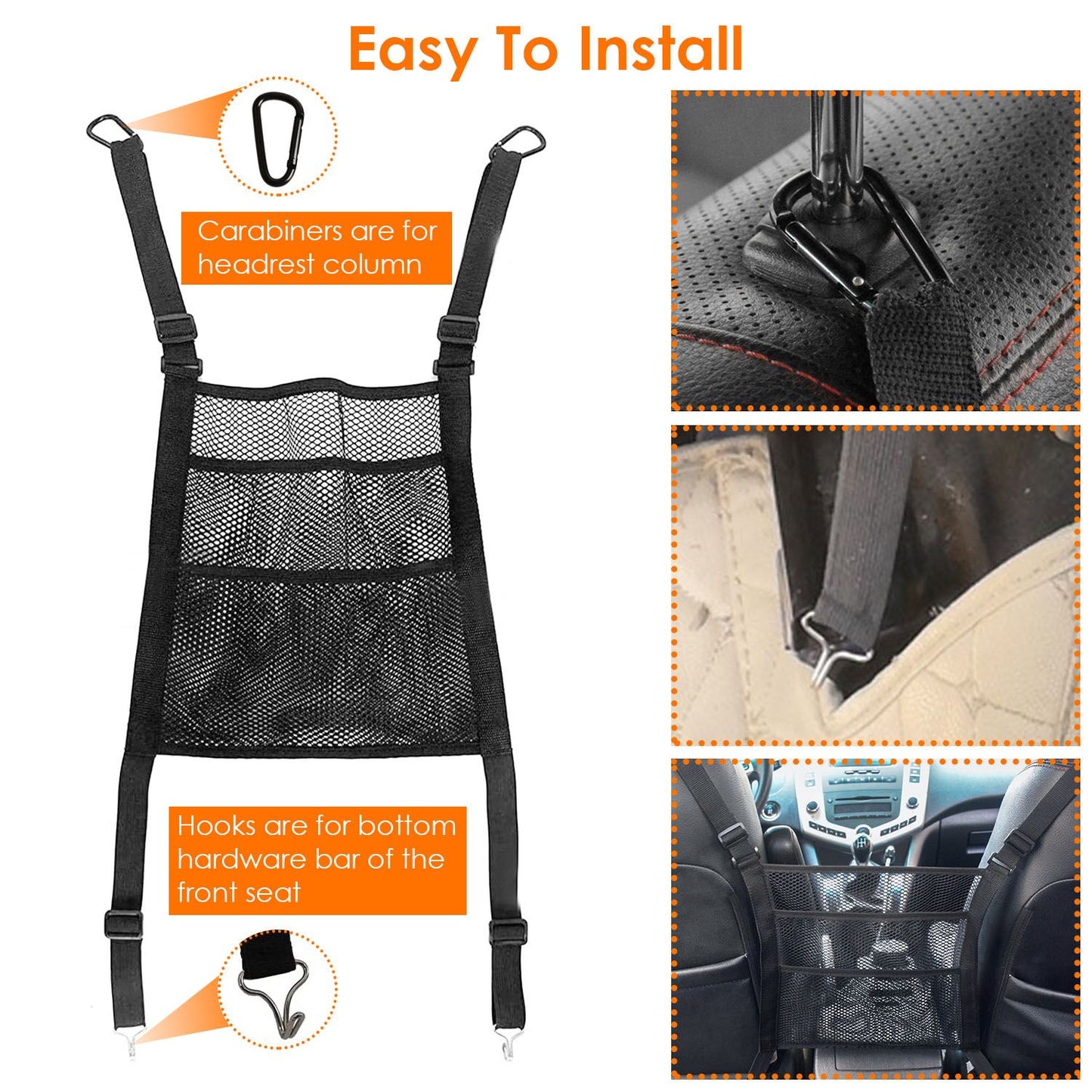 Car seat back organizer with adjustable straps, featuring carabiners for easy installation and a durable mesh design for efficient storage.