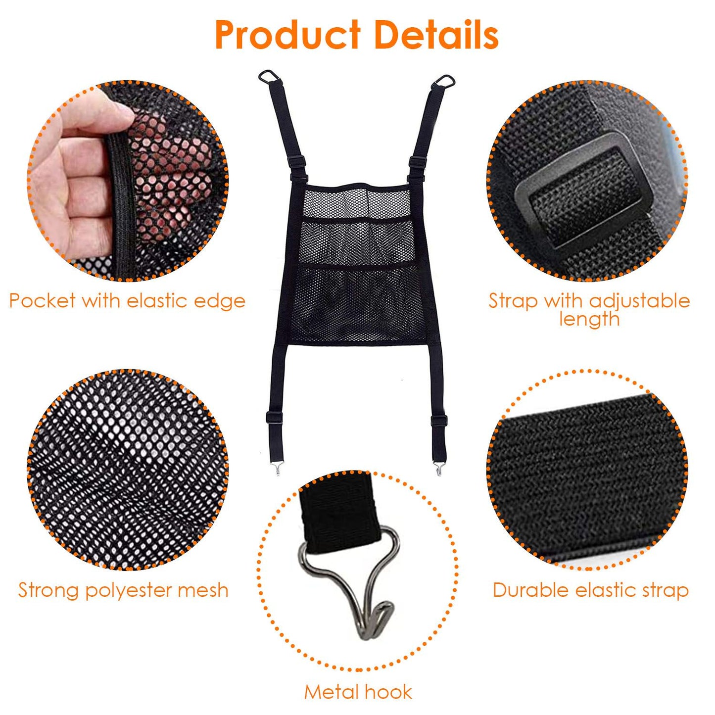 Mesh storage organizer with adjustable straps, featuring a pocket with elastic edge, strong polyester construction, durable elastic strap, and a metal hook for easy attachment.