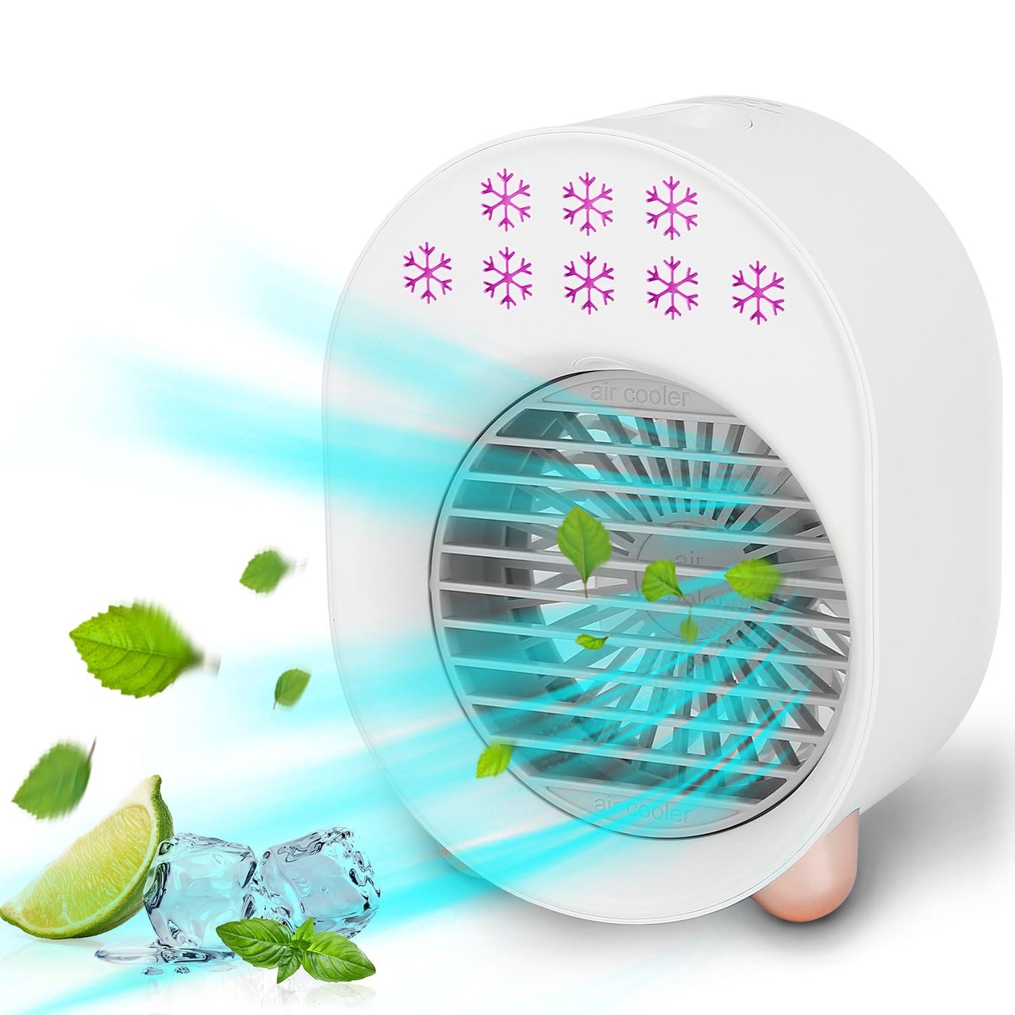Compact portable air cooler with mint leaves and ice cubes, producing refreshing, cool airflow.