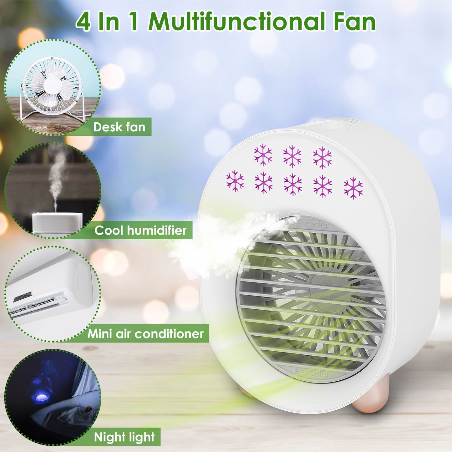 4-in-1 multifunctional fan featuring a desk fan, cool humidifier, mini air conditioner, and night light, designed for versatile home cooling solutions.