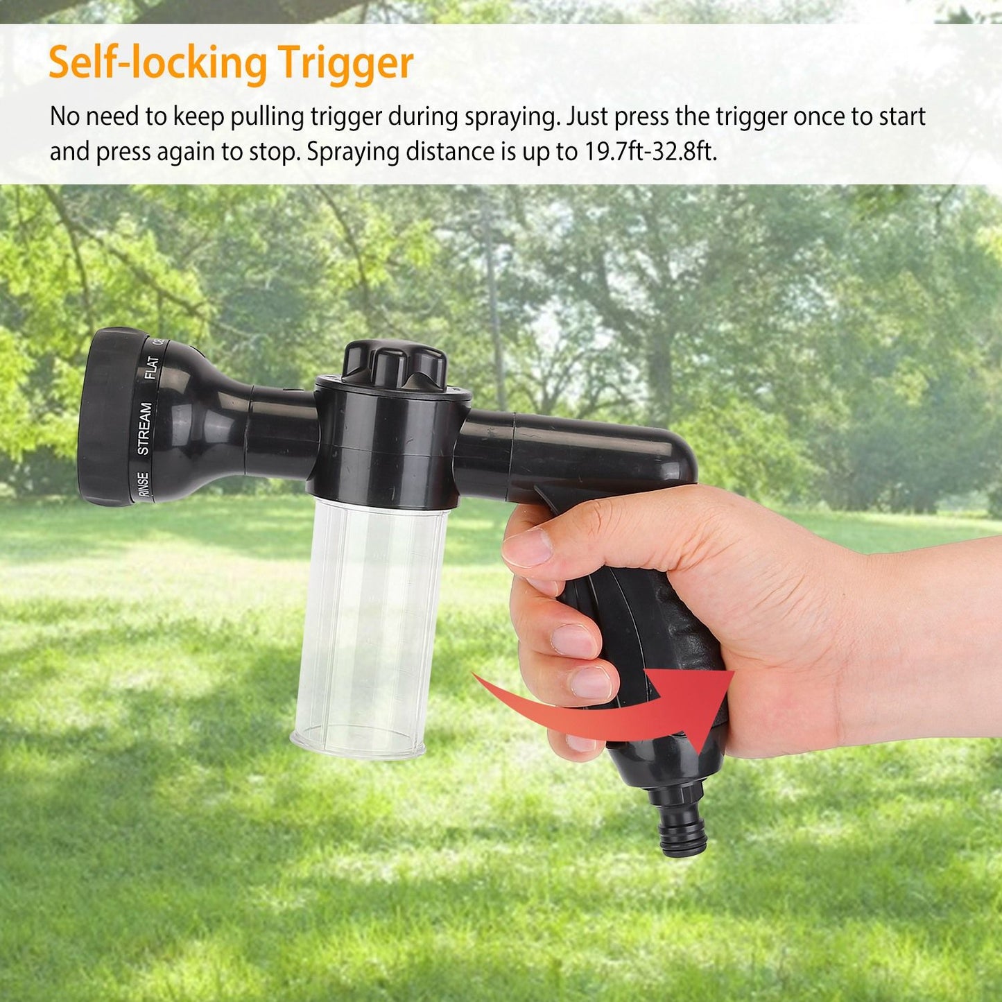 Hand holding a self-locking trigger spray nozzle with a clear chamber, designed for easy and efficient watering, showcasing a black finish and adjustable spray settings against a green garden background.