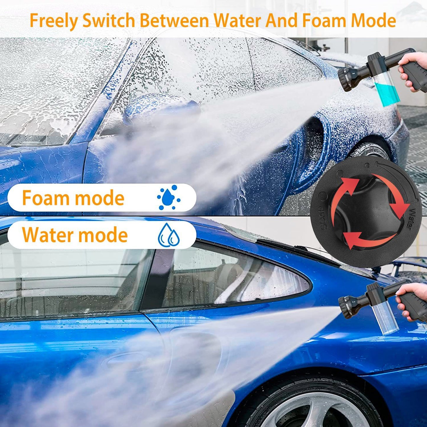Car wash spray nozzle with adjustable settings showcasing water and foam modes, featuring a blue vehicle being cleaned, ideal for effective car washing.