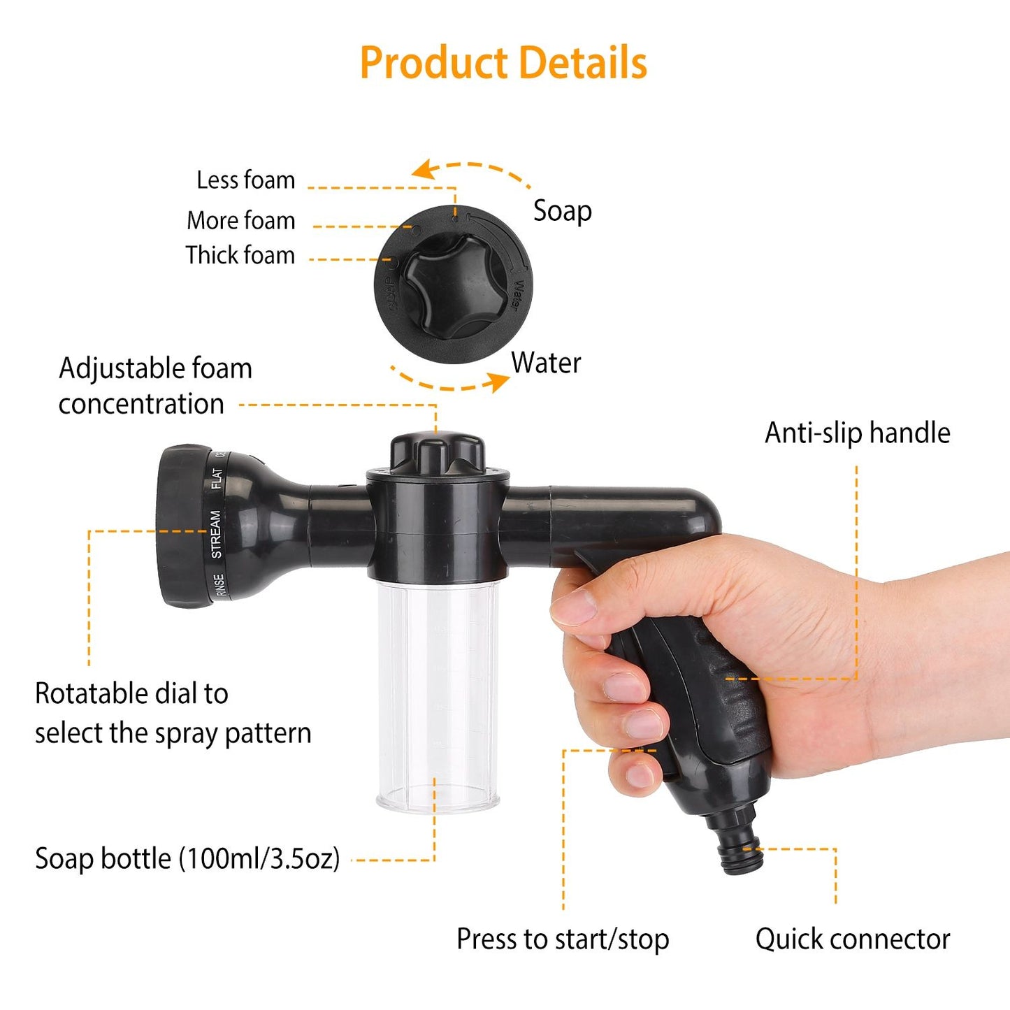 Adjustable foam sprayer with an anti-slip handle, featuring a rotatable dial for foam concentration and spray pattern selection, and a soap bottle capacity of 100ml (3.5oz).