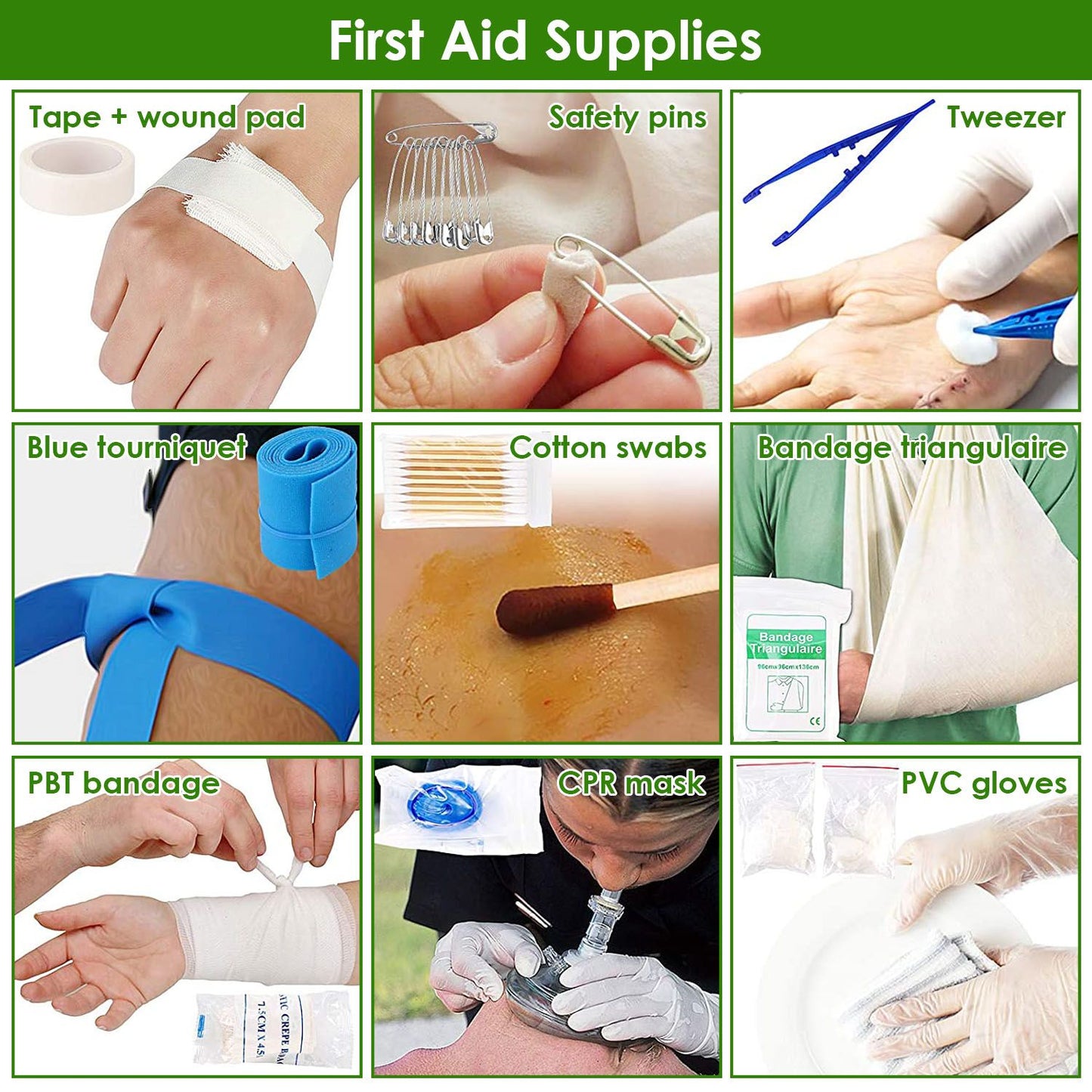 Grid of essential first aid supplies including tape and wound pad, safety pins, tweezers, a blue tourniquet, cotton swabs, triangular bandage, PBT bandage, CPR mask, and PVC gloves against a bright green background.