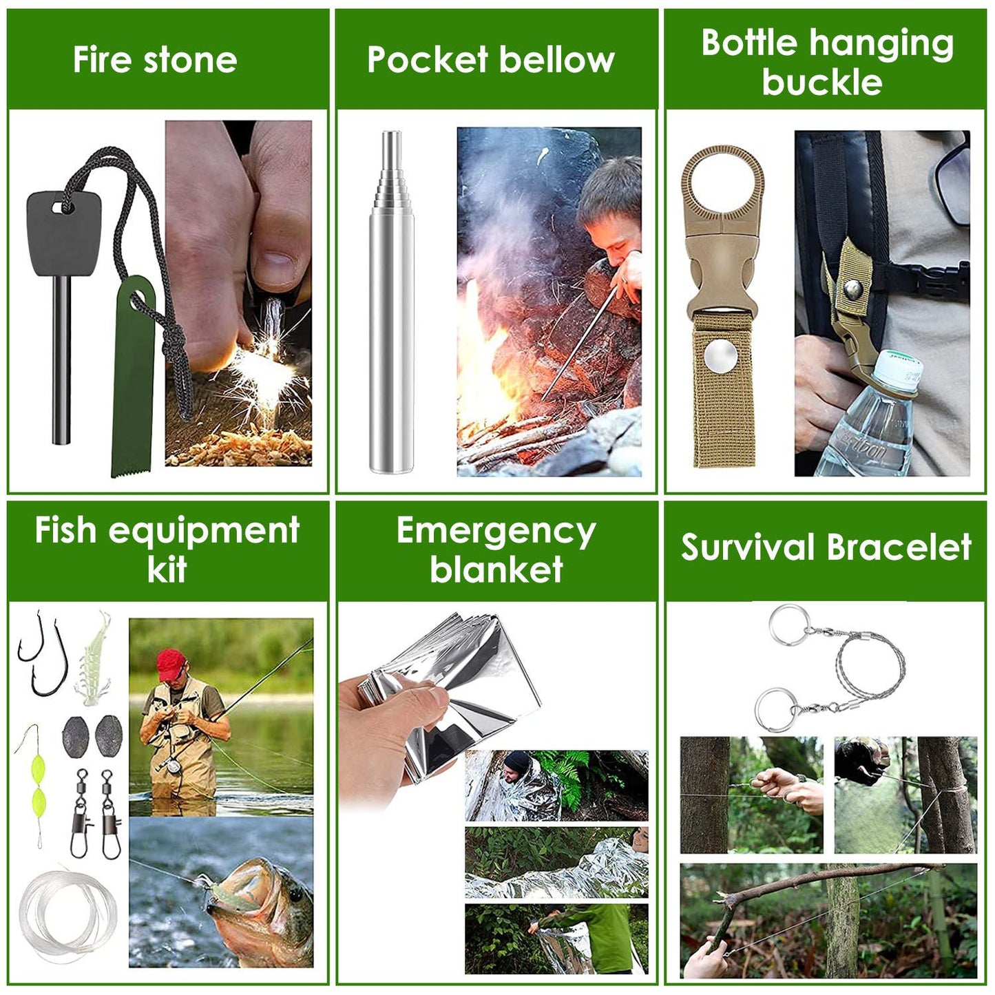 Survival gear kit with fire starter, pocket bellow for fueling fires, fish equipment kit including hooks and weights, emergency blanket for warmth, bottle hanging buckle for easy access, and survival bracelet with multifunctional use.