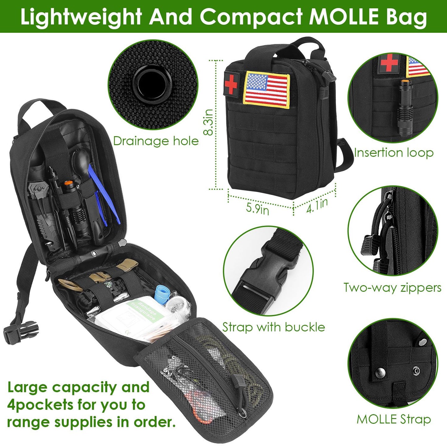 Lightweight compact MOLLE bag with a large capacity, featuring a drainage hole, two-way zippers, and four pockets for organized storage, ideal for carrying tools and supplies.