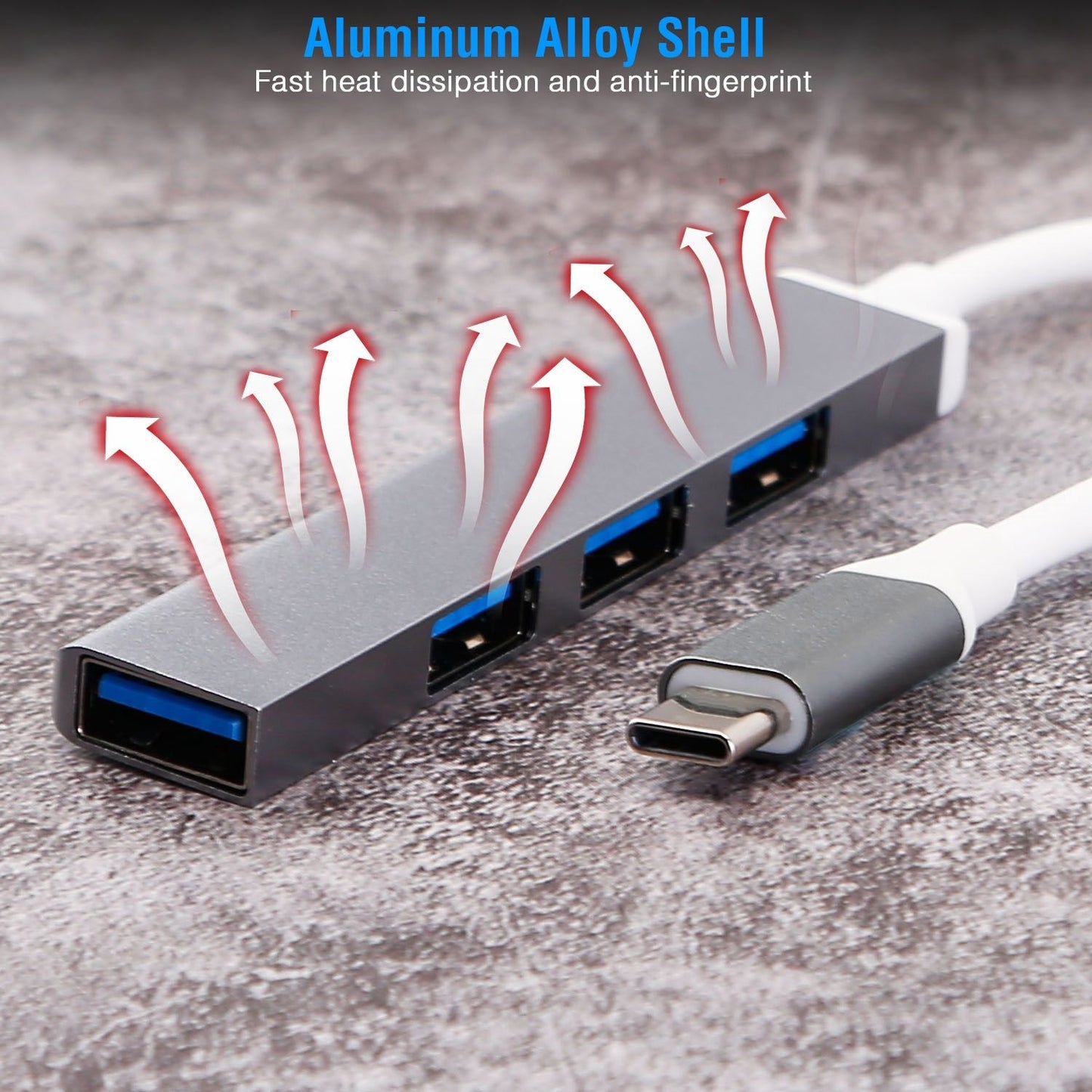 Aluminum alloy USB hub with four USB 3.0 ports and a Type-C connector, designed for efficient heat dissipation and resistance to fingerprints.