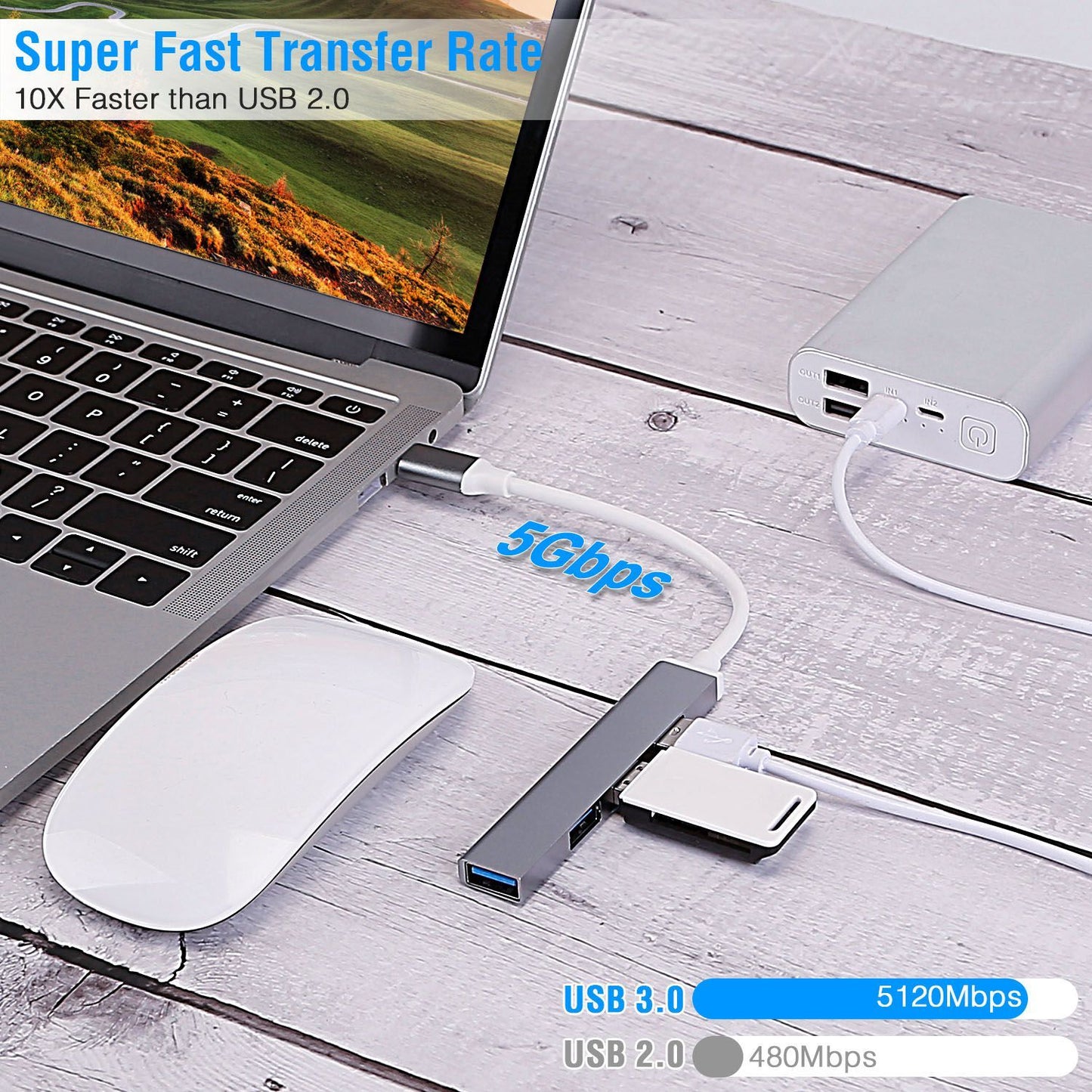 USB 3.0 hub connected to a laptop, showcasing fast transfer rates of 5Gbps, with a white computer mouse and external power bank in the background.