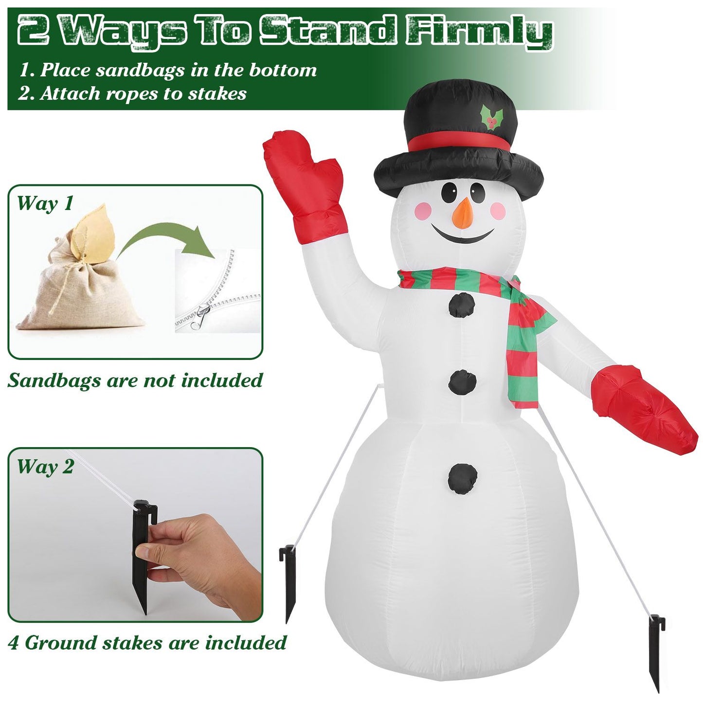 Inflatable snowman decoration with instructions for standing firmly using sandbags or ground stakes, featuring a festive scarf and hat, ideal for holiday decor.