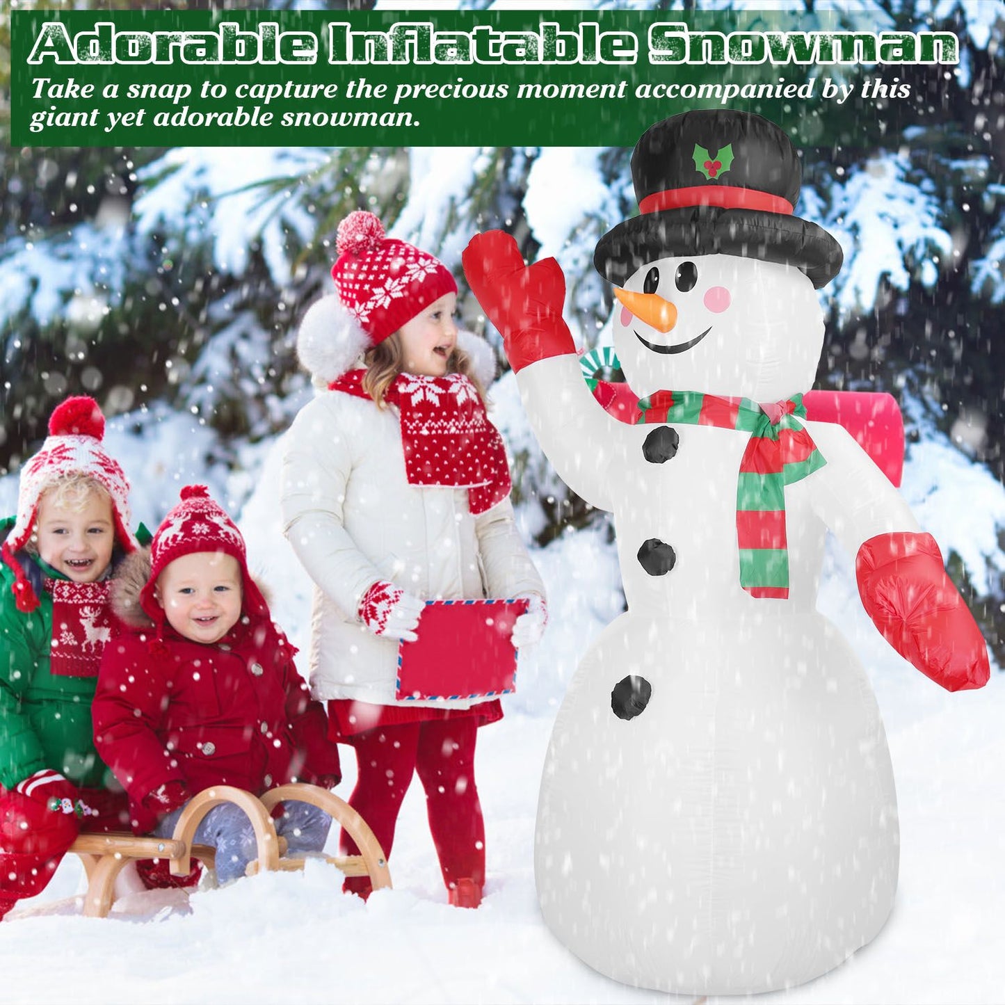 Giant inflatable snowman with a cheerful expression and festive accessories, surrounded by a group of children in winter attire, all in a snowy outdoor setting.