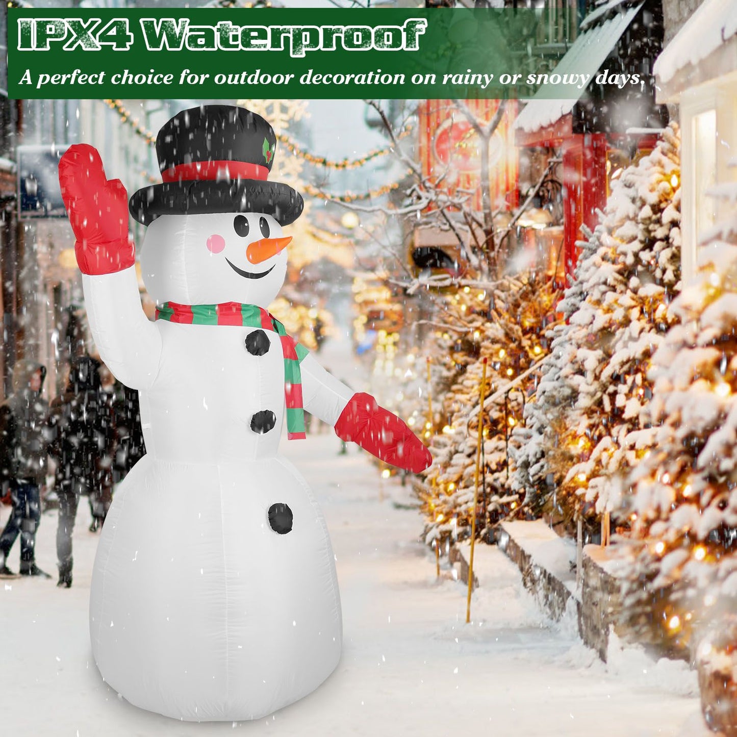 Inflatable snowman with a black top hat and red-and-green scarf, waving in a snowy outdoor setting, perfect for festive holiday decorations and waterproof for rainy or snowy weather.