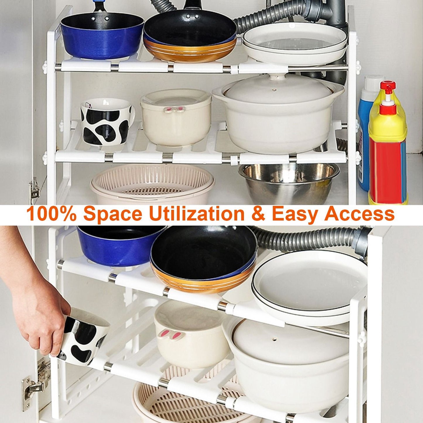 Organizational kitchen storage system featuring stacked pots, pans, and cleaning supplies for optimal space utilization and easy access to cookware.