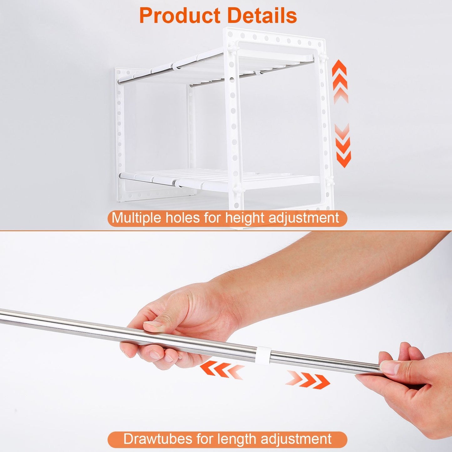 Image showing a modular shelving unit with adjustable height and length features, including multiple height adjustment holes and draw tubes for easy customization.