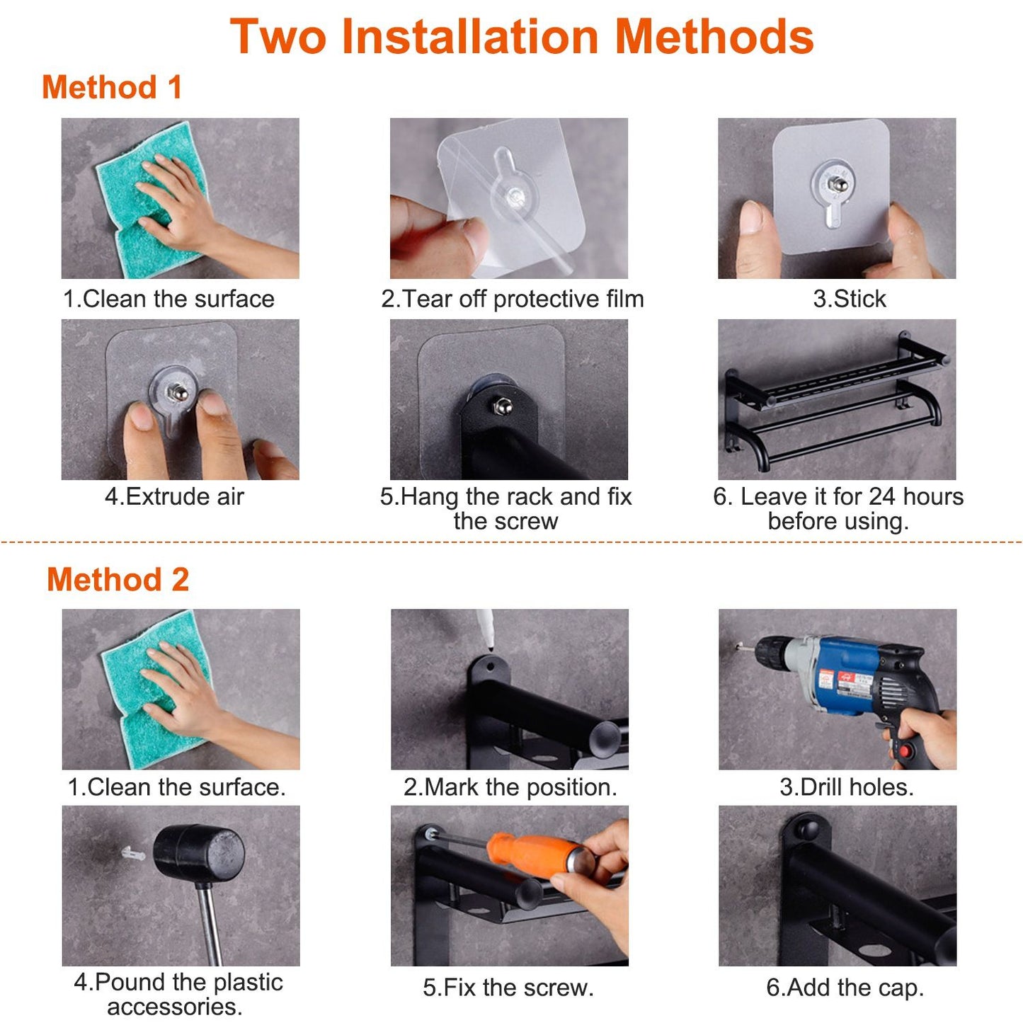 Installation guide for wall-mounted rack showing two methods: Method 1 with adhesive step-by-step process and Method 2 with drilling steps.