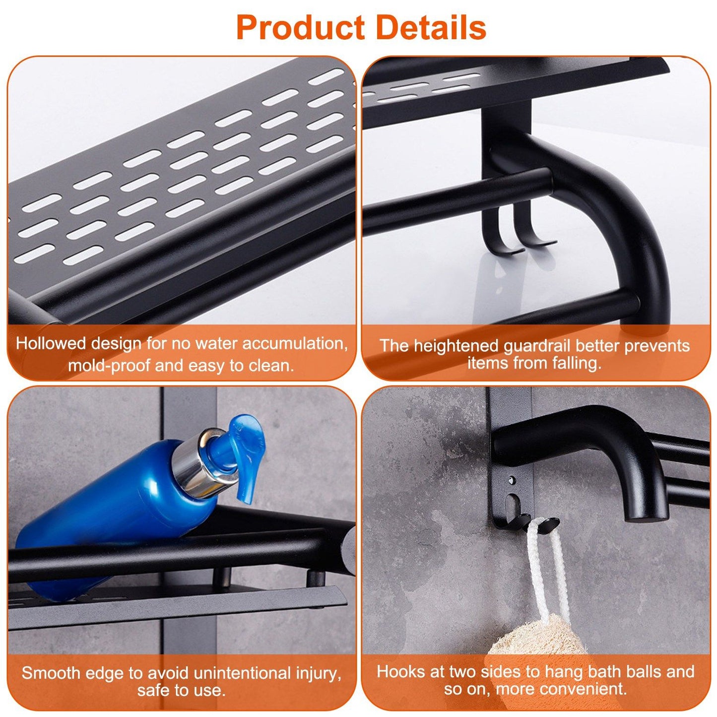 Close-up of a modern bathroom shelf with a hollowed design to prevent water accumulation, featuring a heightened guardrail for safety, smooth edges for injury prevention, and side hooks for hanging accessories.