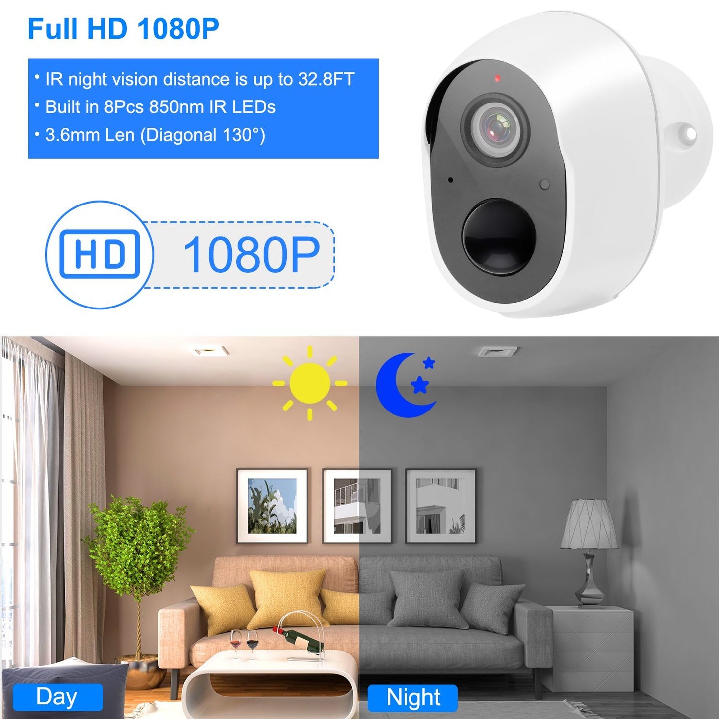 Full HD 1080P security camera with IR night vision up to 32.8FT, featuring 8 built-in 850nm IR LEDs, displayed in a split image showing day and night functionality in a stylish living room setting.