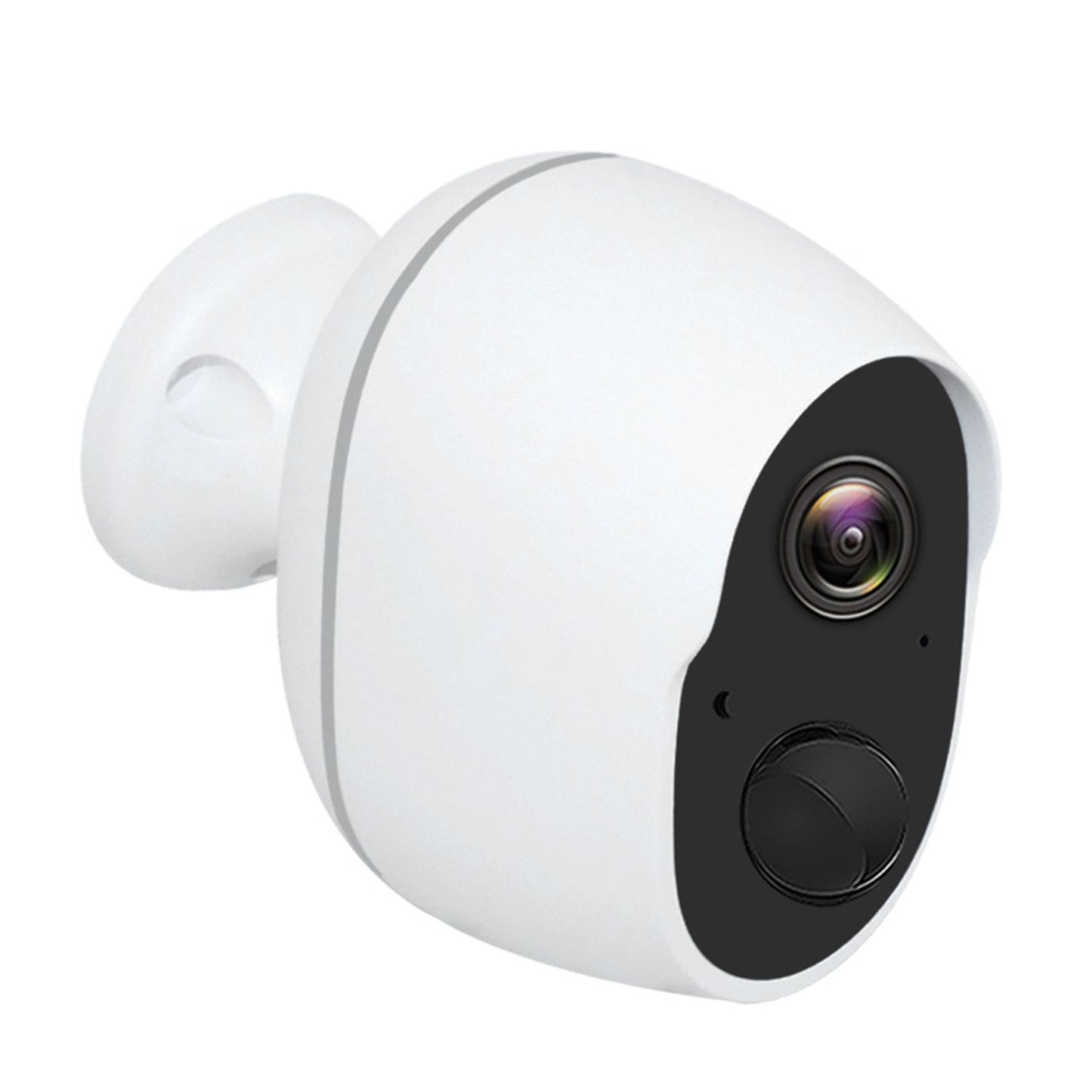 Compact white wireless security camera with a lens and dual control buttons for easy operation.