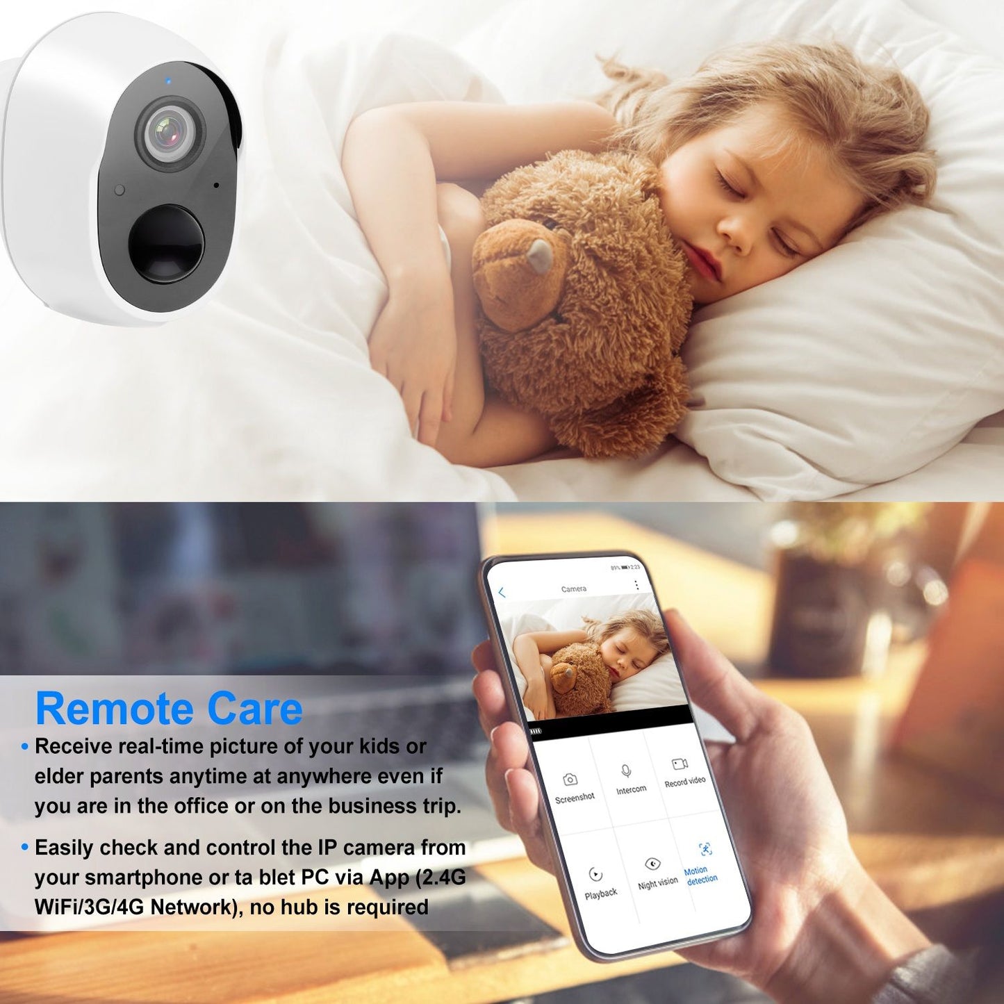 Smart IP camera for remote monitoring, showing a smartphone screen with a live view of a child with a teddy bear in bed, highlighting features like real-time access and control via an app.