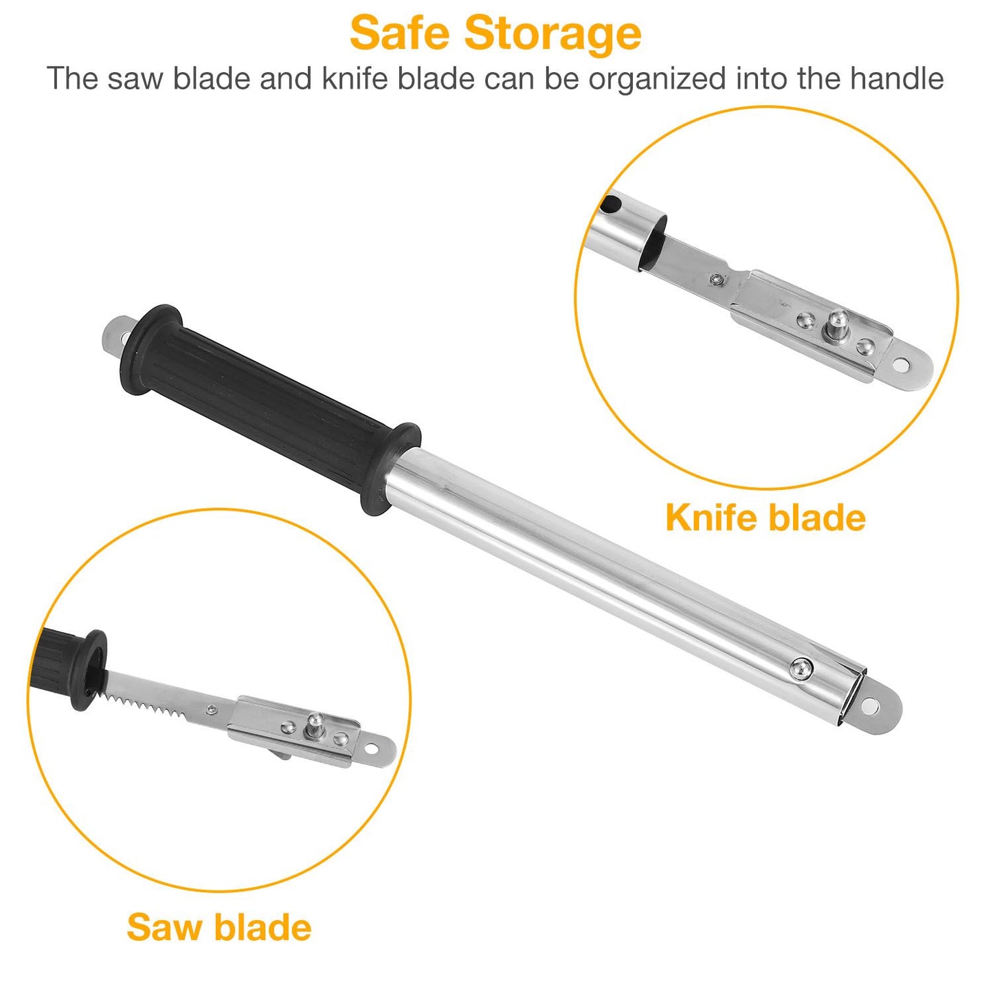 Multi-functional tool with a rubber grip handle, featuring secure storage for a saw blade and knife blade integrated into the handle.