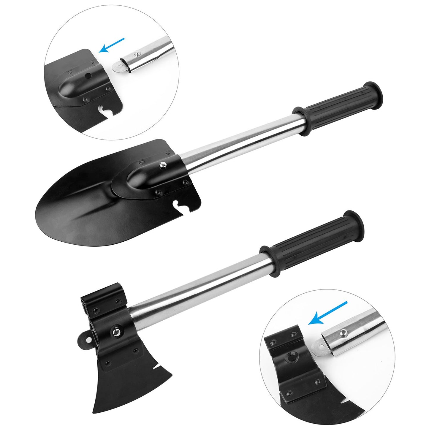 Collapsible multi-tool shovel with a detachable head and a comfortable rubber grip, showcasing its assembly mechanism and two tool functions: digging and cutting.