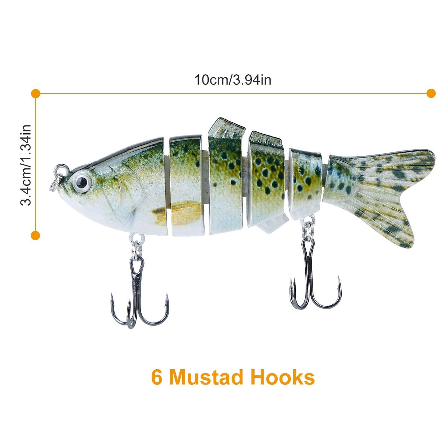 Realistic segmented fishing lure with 6 Mustad hooks, measuring 10 cm (3.94 in) length and 3.4 cm (1.34 in) height, designed for effective fishing.