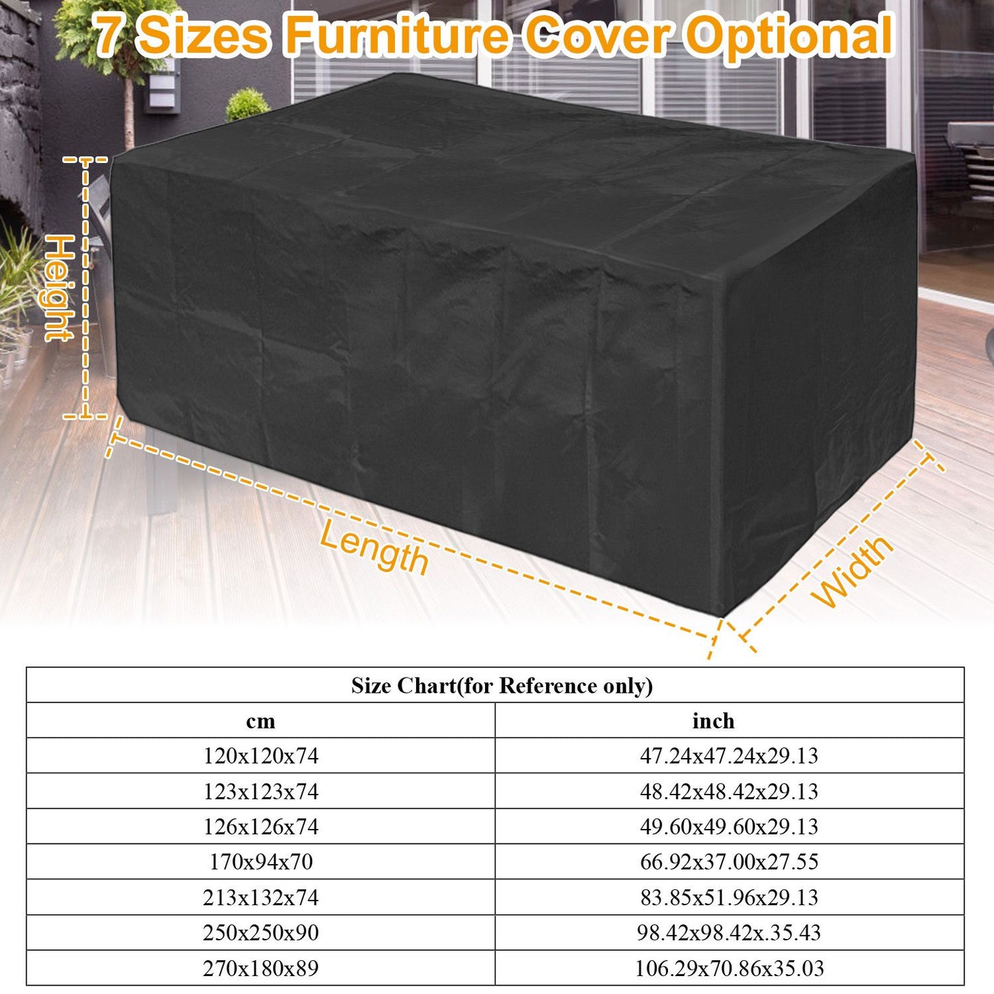 Black outdoor furniture cover available in seven sizes, with dimensions and a size chart for easy selection, displayed on a wooden patio background.
