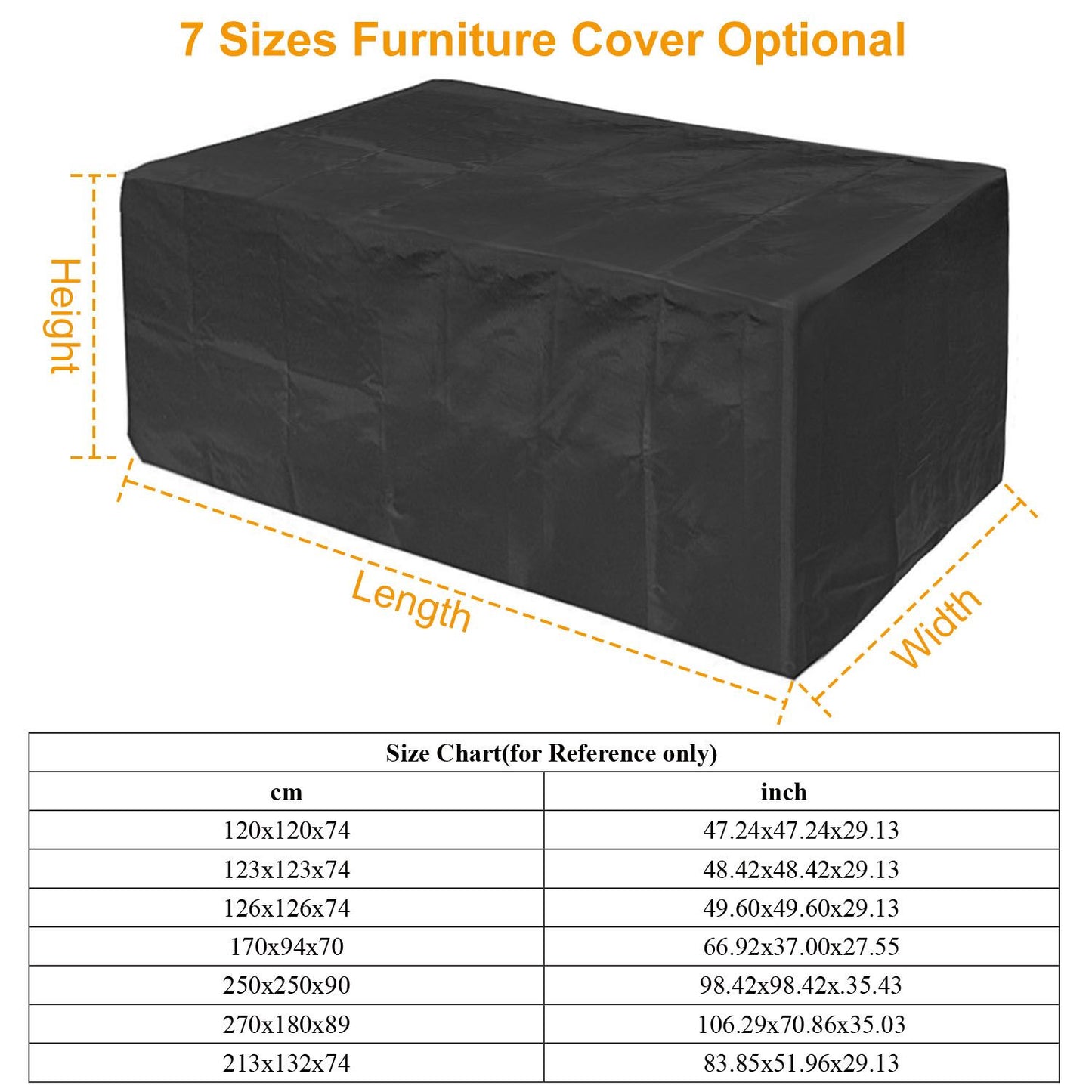 Black furniture cover available in seven sizes with dimensions for optimal outdoor protection.
