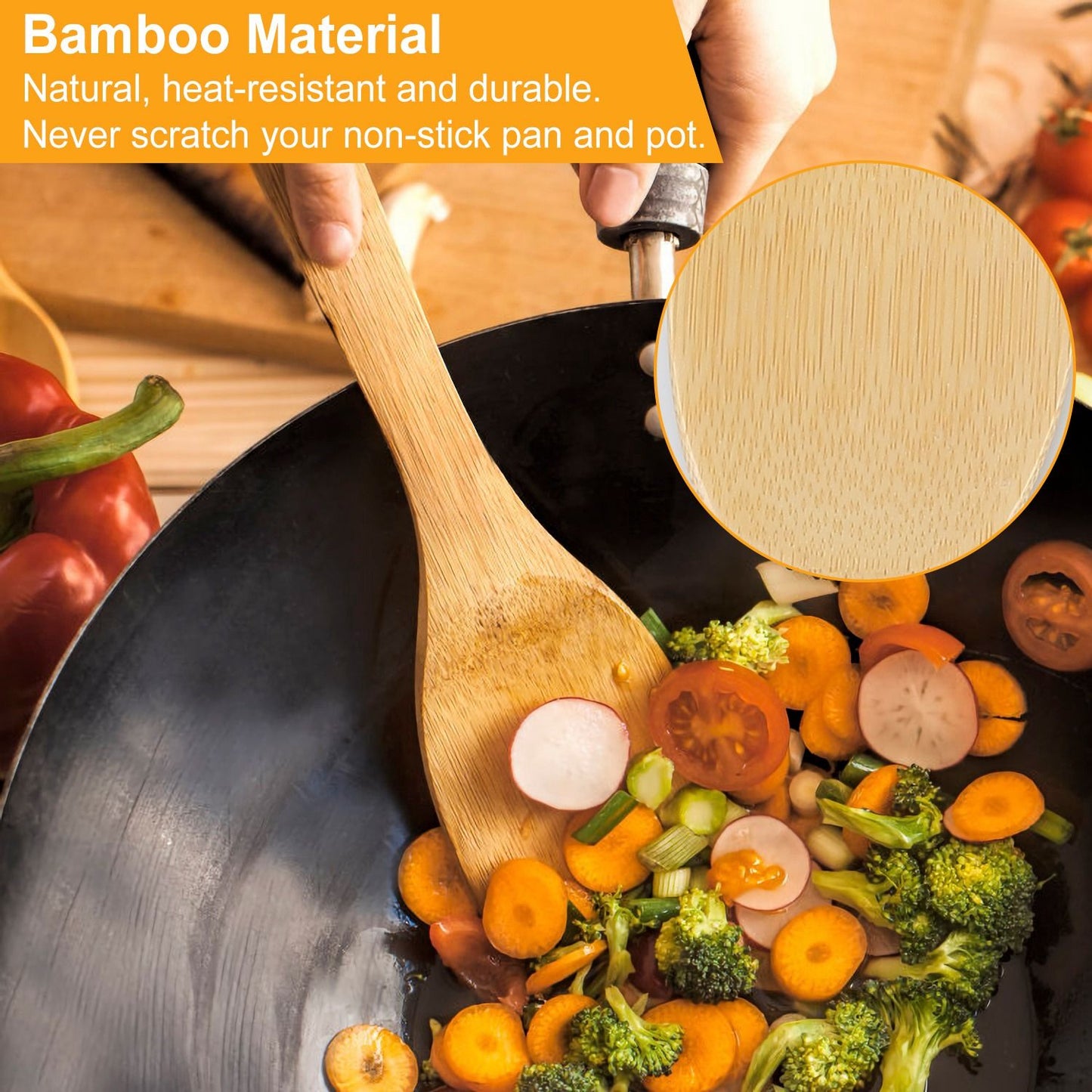 Bamboo cooking spoon stirring colorful vegetables in a black frying pan, highlighting its natural, heat-resistant material that won't scratch non-stick cookware.