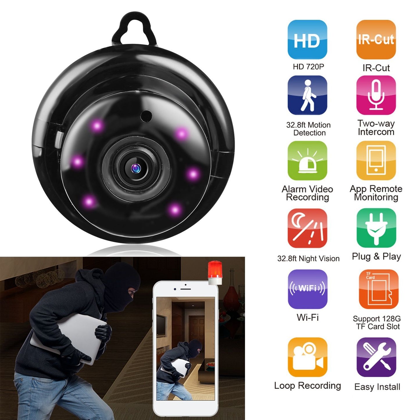 Compact HD security camera with 720P resolution, night vision up to 32.8ft, motion detection, remote app monitoring, and two-way intercom, designed for easy installation and effective surveillance.