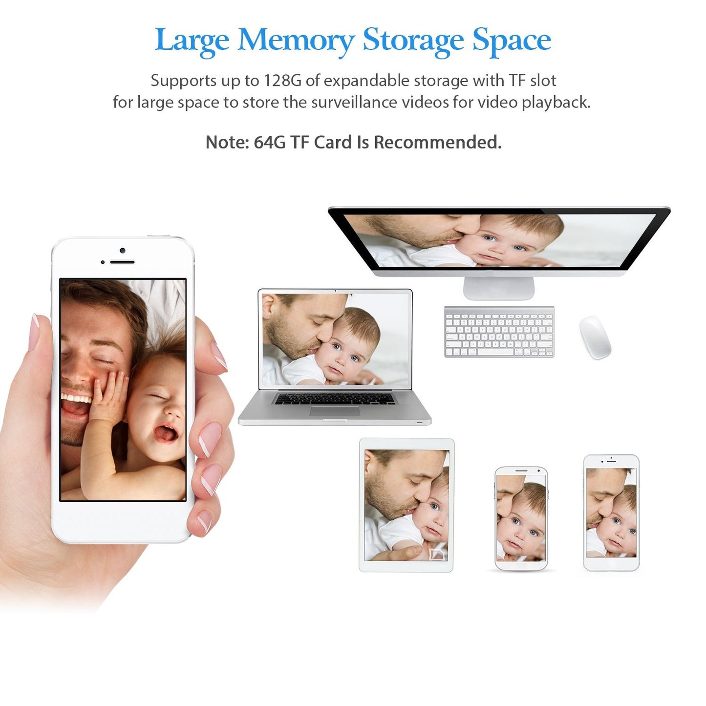 Product image showcasing a smartphone, tablet, and laptop displaying surveillance video playback, highlighting the device's expandable memory storage capability up to 128GB with a recommended 64GB TF card.